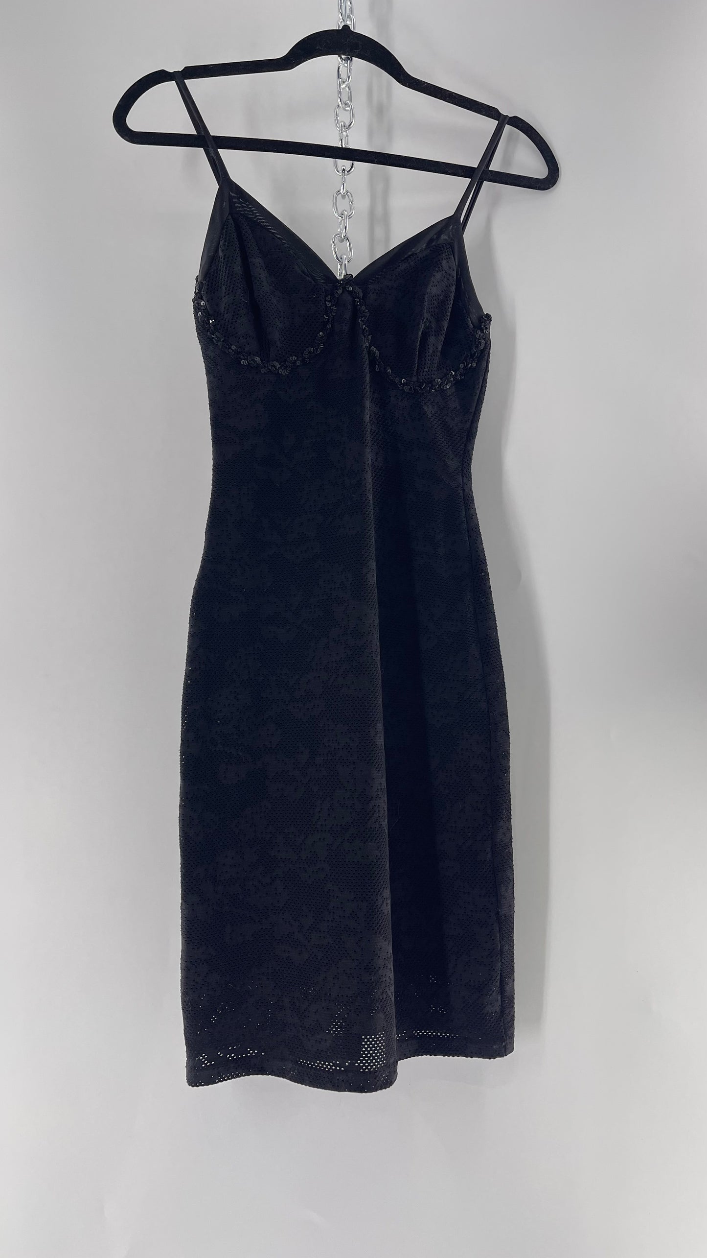 Vintage Black Lace Bodycon Dress with Sequin Underbust Detailing (XS)
