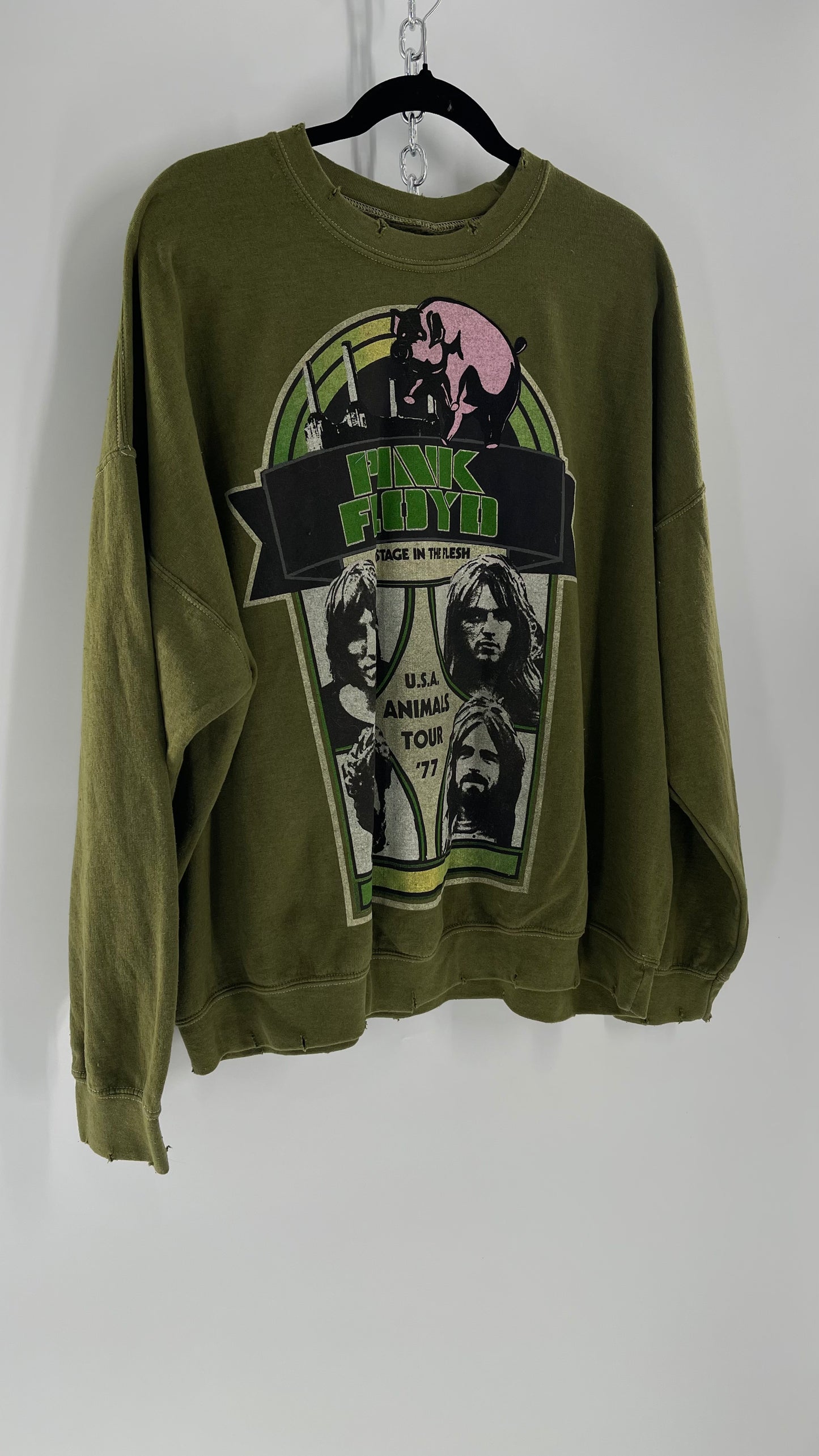 Vintage Green Graphic Pink Floyd Crewneck Knits with Distressed Neckline and Hems (L/XL)