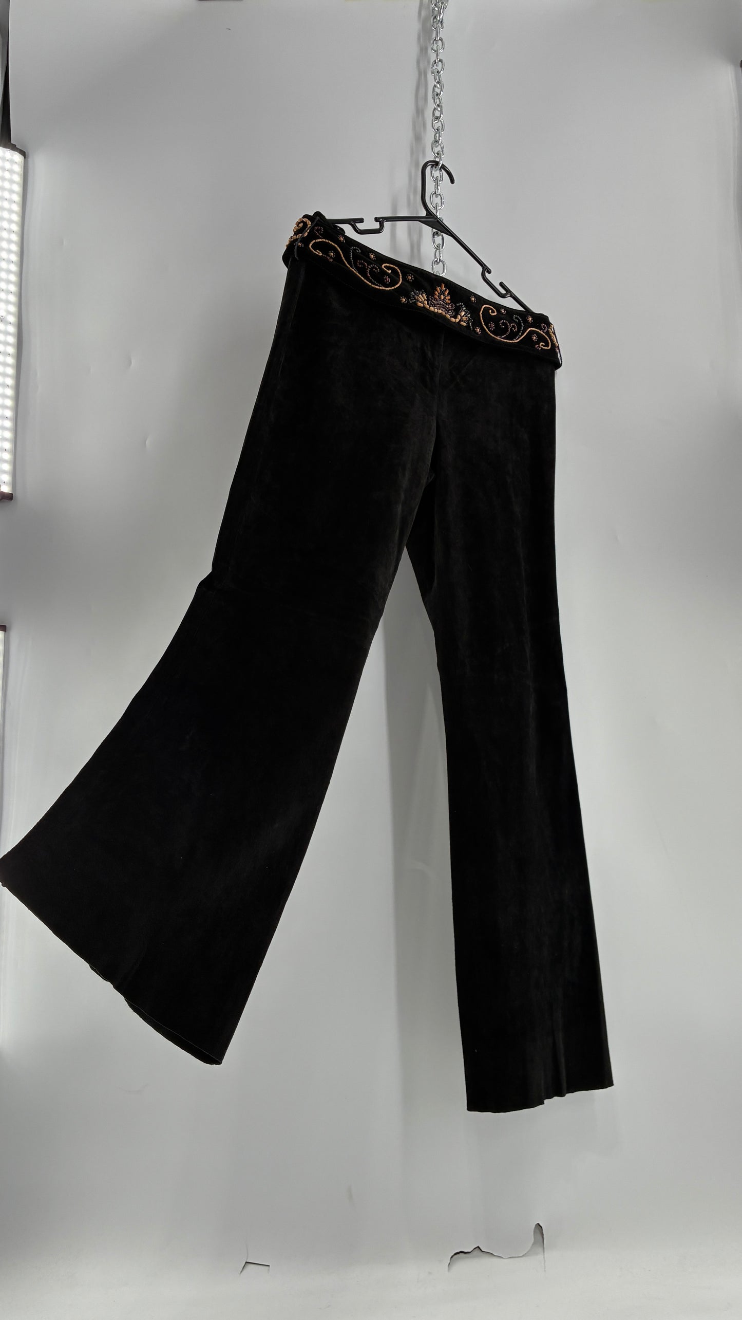 Vintage Margaret Godfrey Black Genuine Suede Leather Kick Flares with Wide Beaded Belt (10)