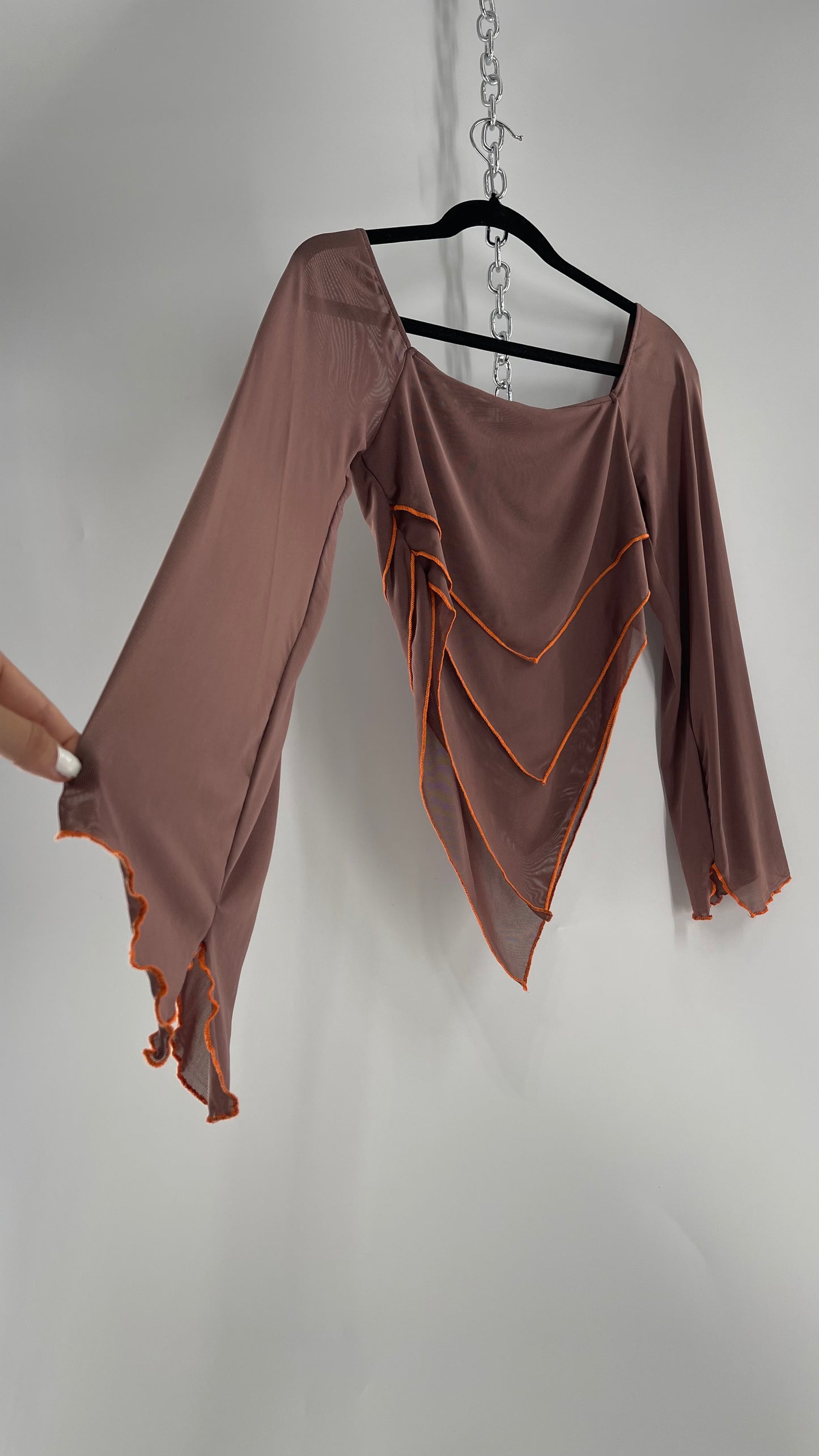 Fashion Nova Brown Mesh Pointed Hem Blouse with Bell Sleeves and Orange Contrast Stitch