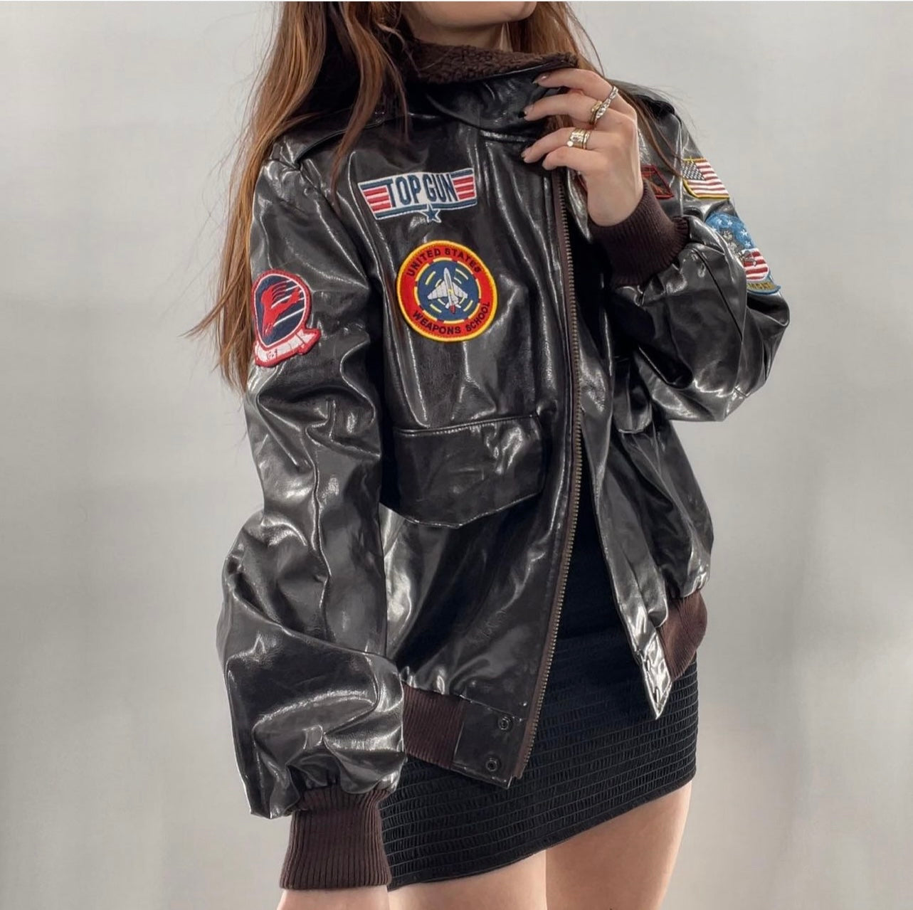 Vintage Dark Brown Top Gun Bomber Jacket with Patches and Teddy Sherpa Collar (Large)