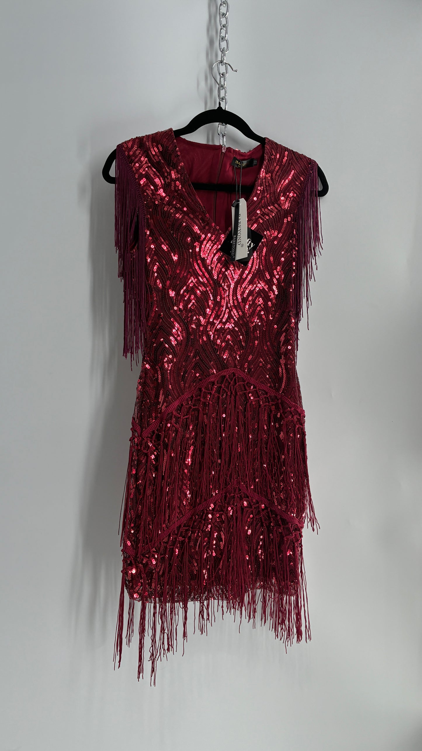BABEYONO Maroon Sequin Fringe Bodycon Mini Dress (XS)