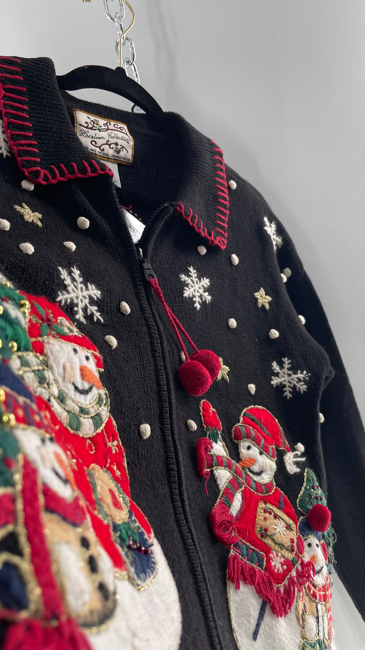 Vintage Reworked Urban Outfitters Heirloom Christmas Cardigan with Festive Snowmen Embroidery, Snowflakes, Christmas Tree and PomPom Zipper Detail (S)