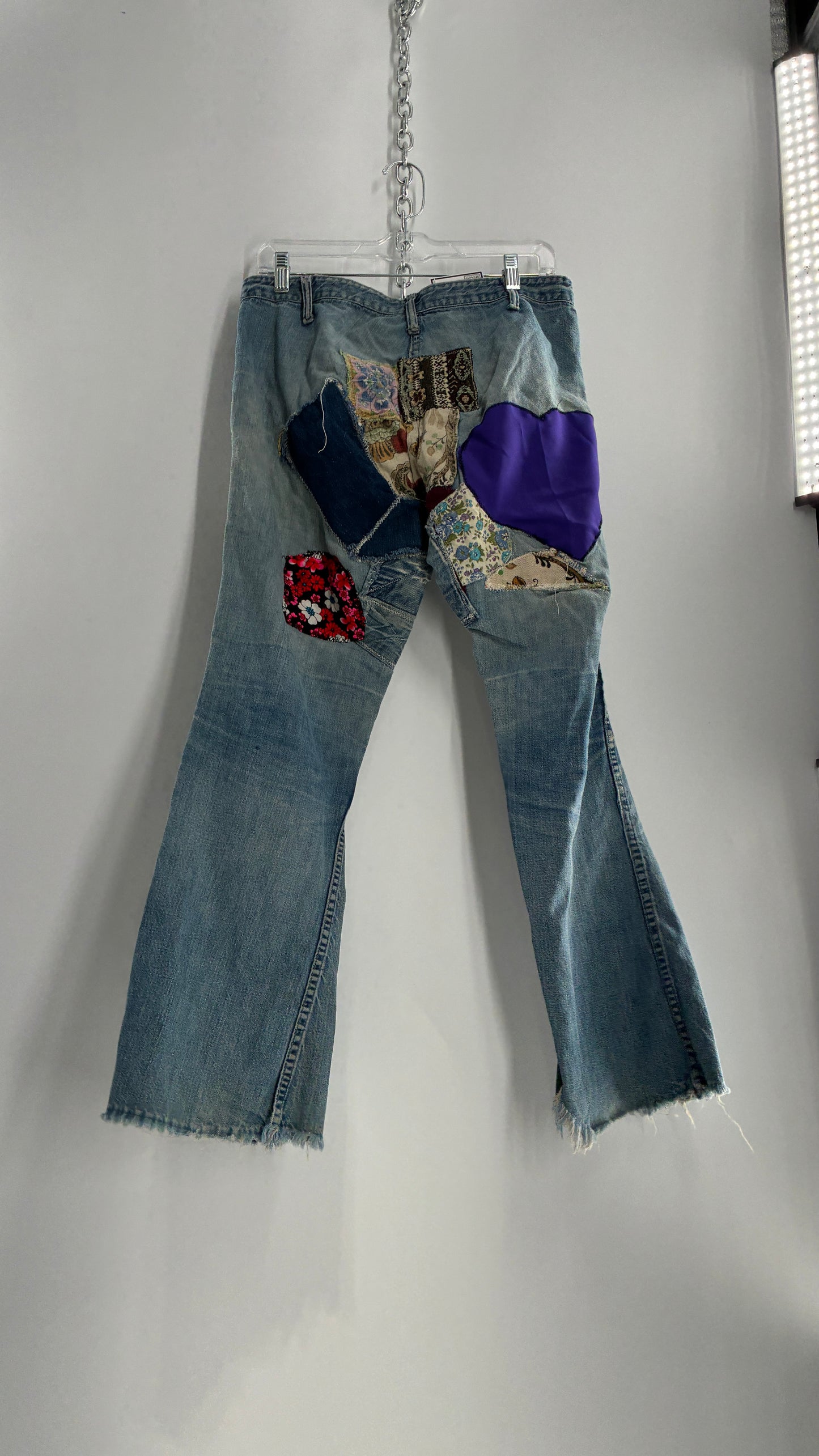 Vintage Rare 1970s Light Wash, Low Rise Boot Cut Jeans with Hand Stitched Tapestry Style Patches and Purple Heart on Bum (Measurements Below)
