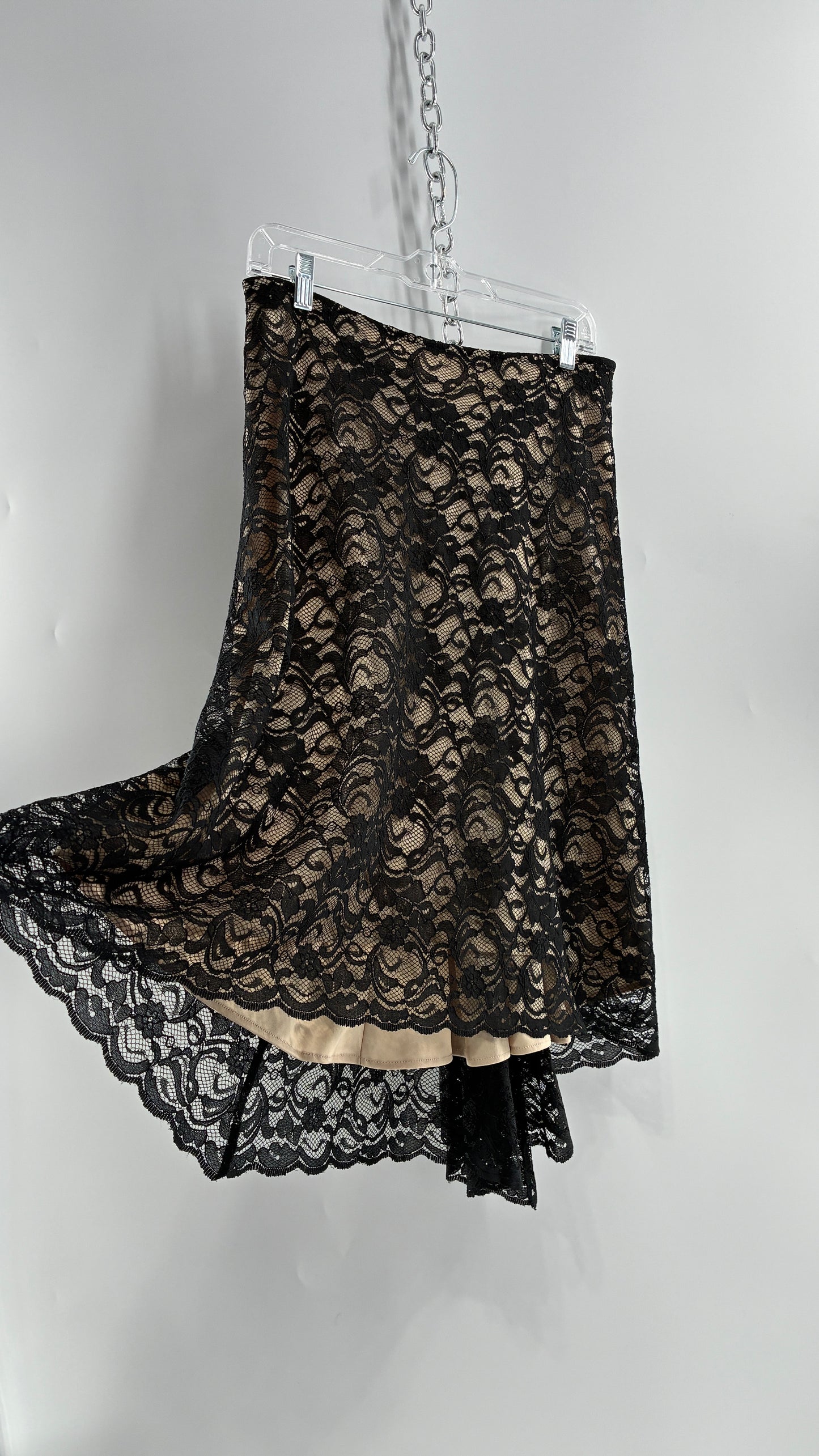 Vintage HEART MOON STARS Black Lace Overlay + Nude Underlay Skirt with Low Wired Back, Ruched Bum, and Button Down Back(8)