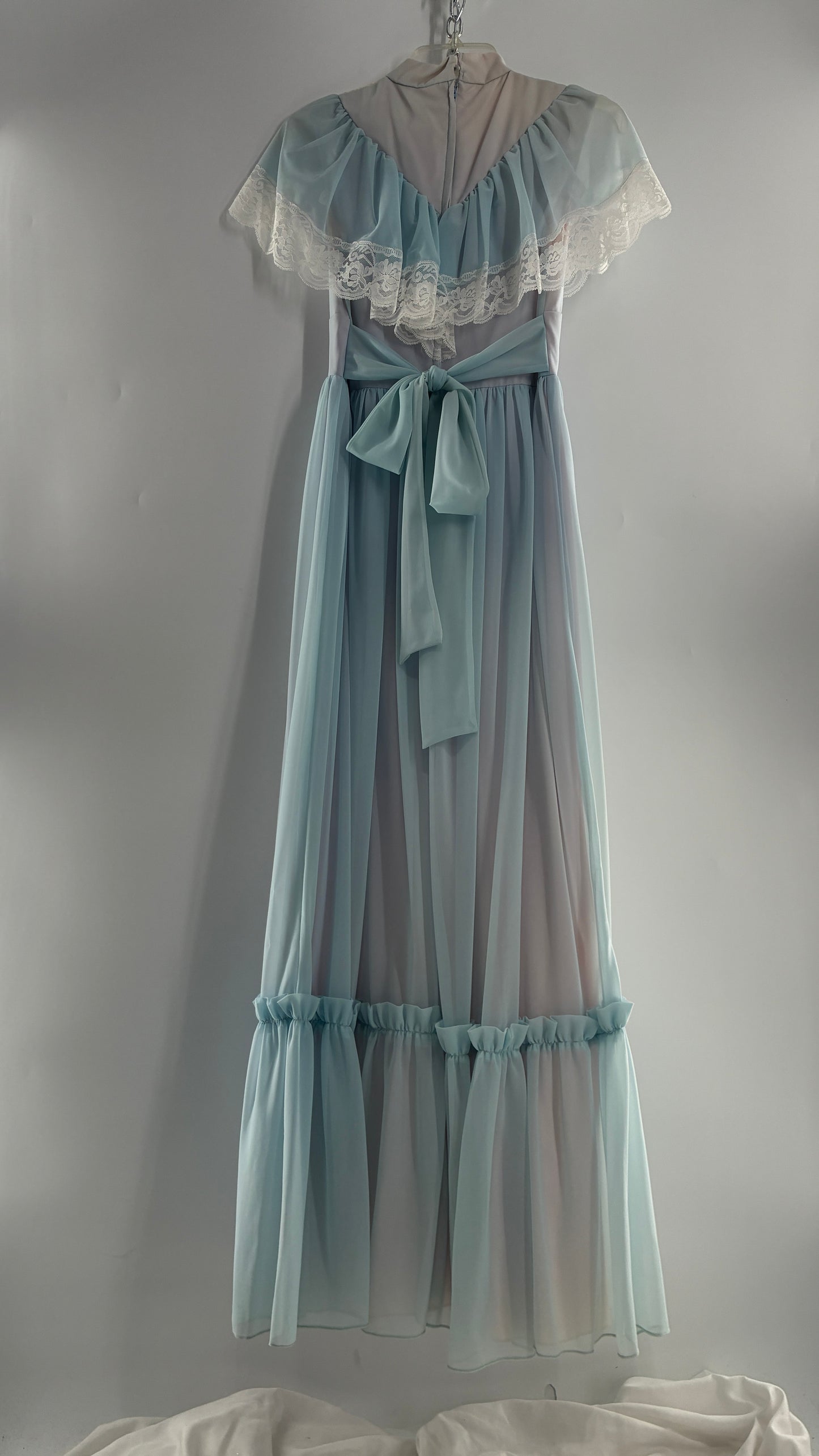 Vintage Handmade 1960s Powder Blue Overlay, Lilac Underlay Gown, Prairie Wedding Dress