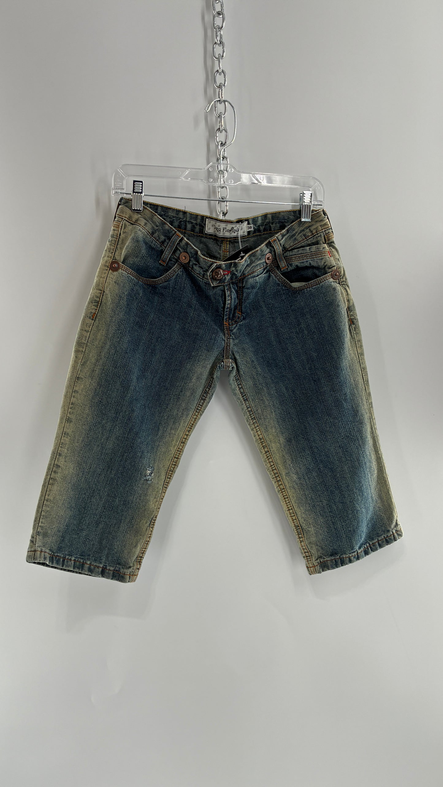 Rare Vintage DONA FLORINDA RIOT GIRLS Faded Wash Denim with Heavy Metal Jacron and Embroidery (38)
