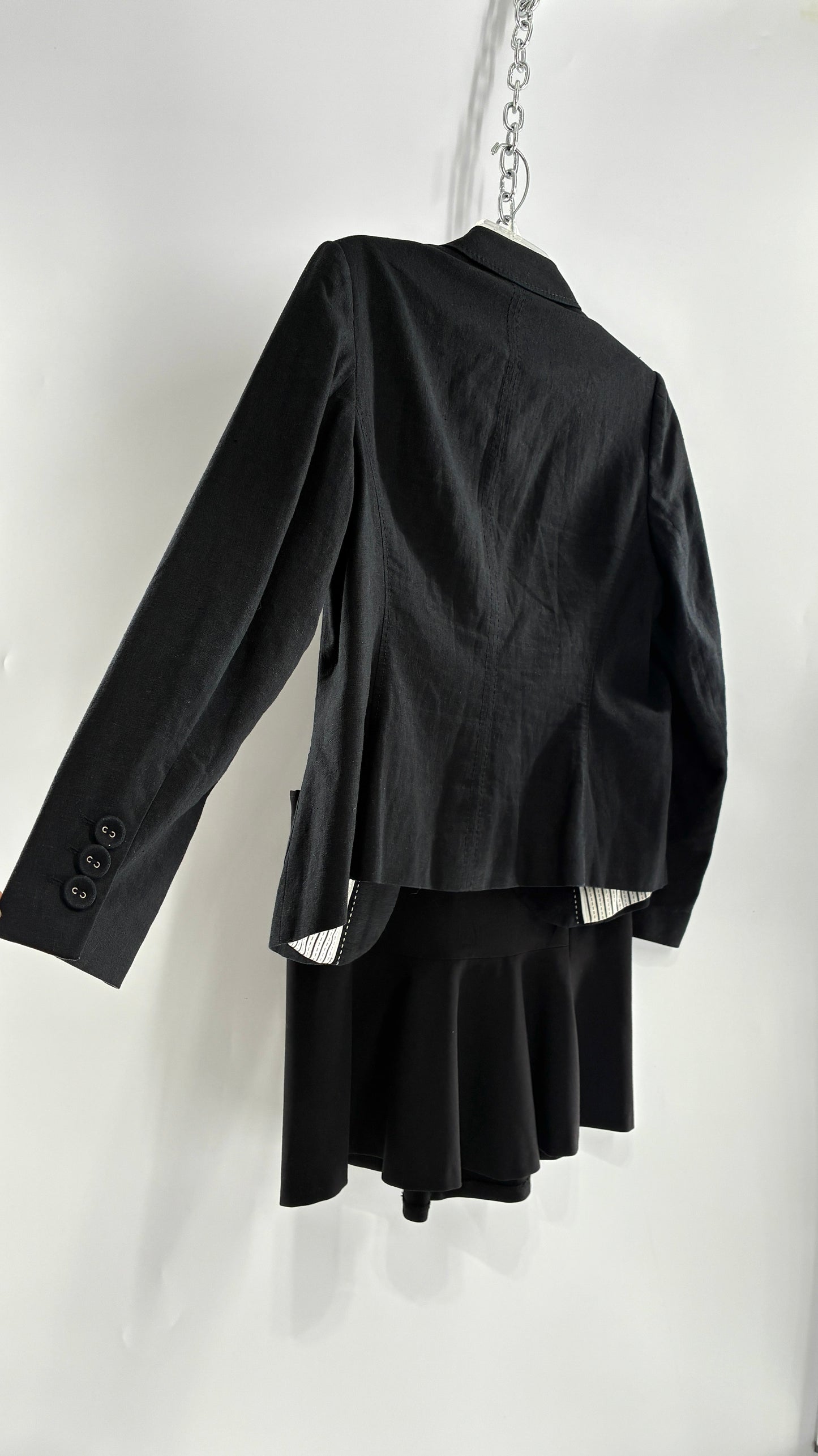 Vintage MARKS & SPENCER Suit Set with Black Linen Blend Blazer and Upcycled Mini Skirt with Corset Backing (14/M)