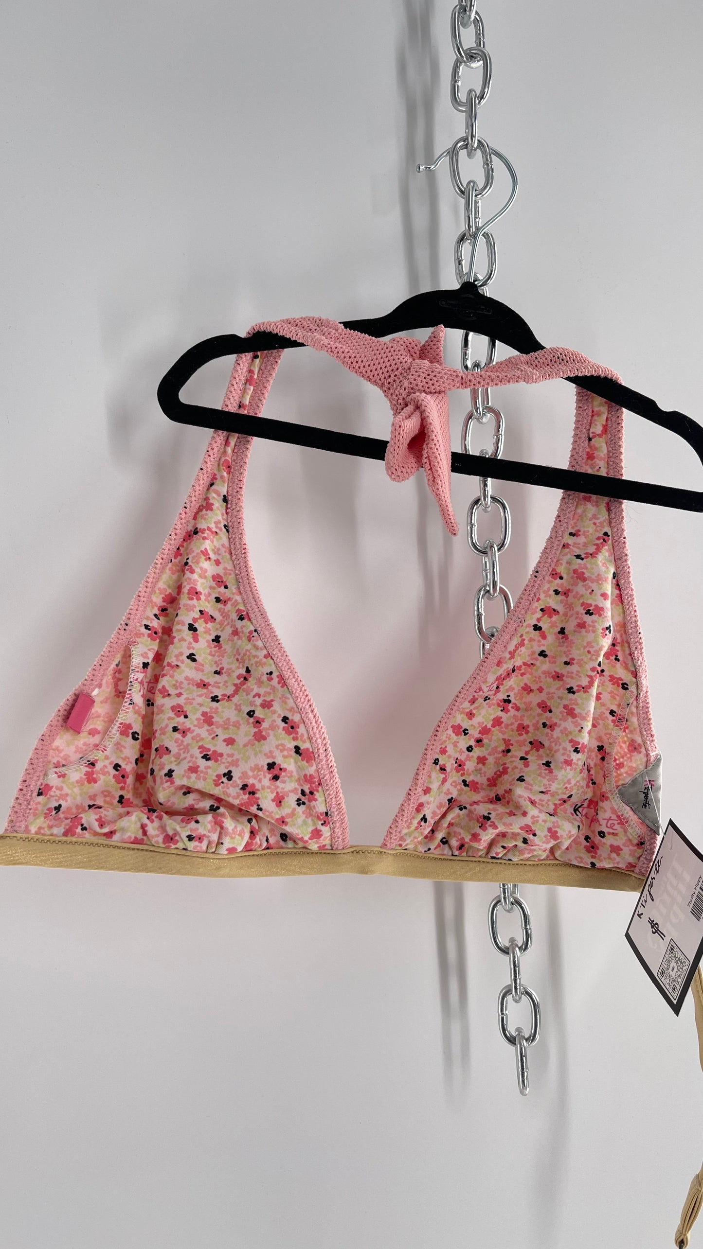 K ti per te Pink Floral and Mesh Halter Swim Top with Gold Glitter Strap (Medium)