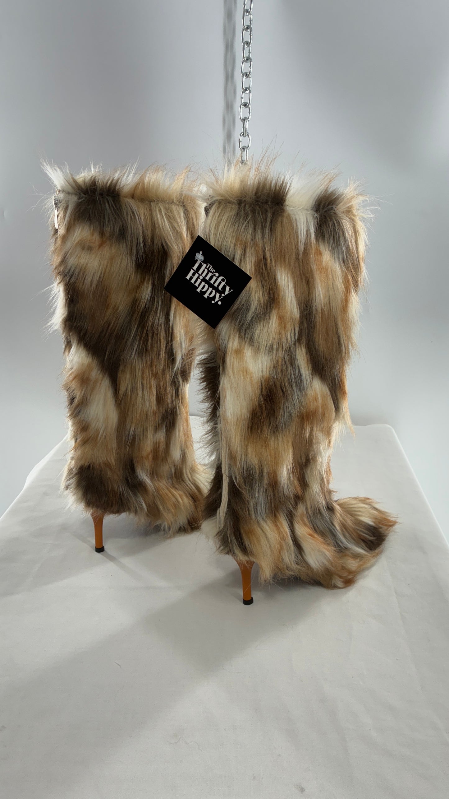 Vintage Mixed Tone Vegan Fur, Knee High, Pointed Toe Boots (43)
