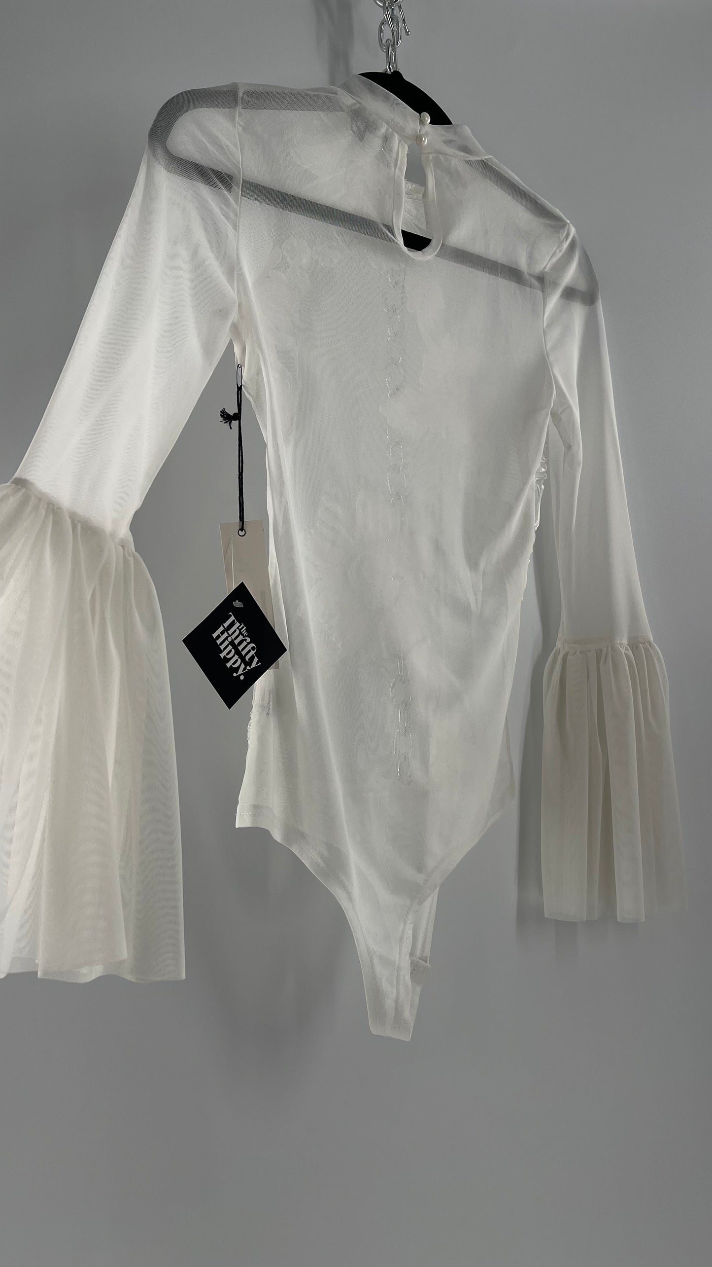 Haute Monde White Mesh Bodysuit with Ribbon Embroidery, Bell Sleeves and Tags (Small)