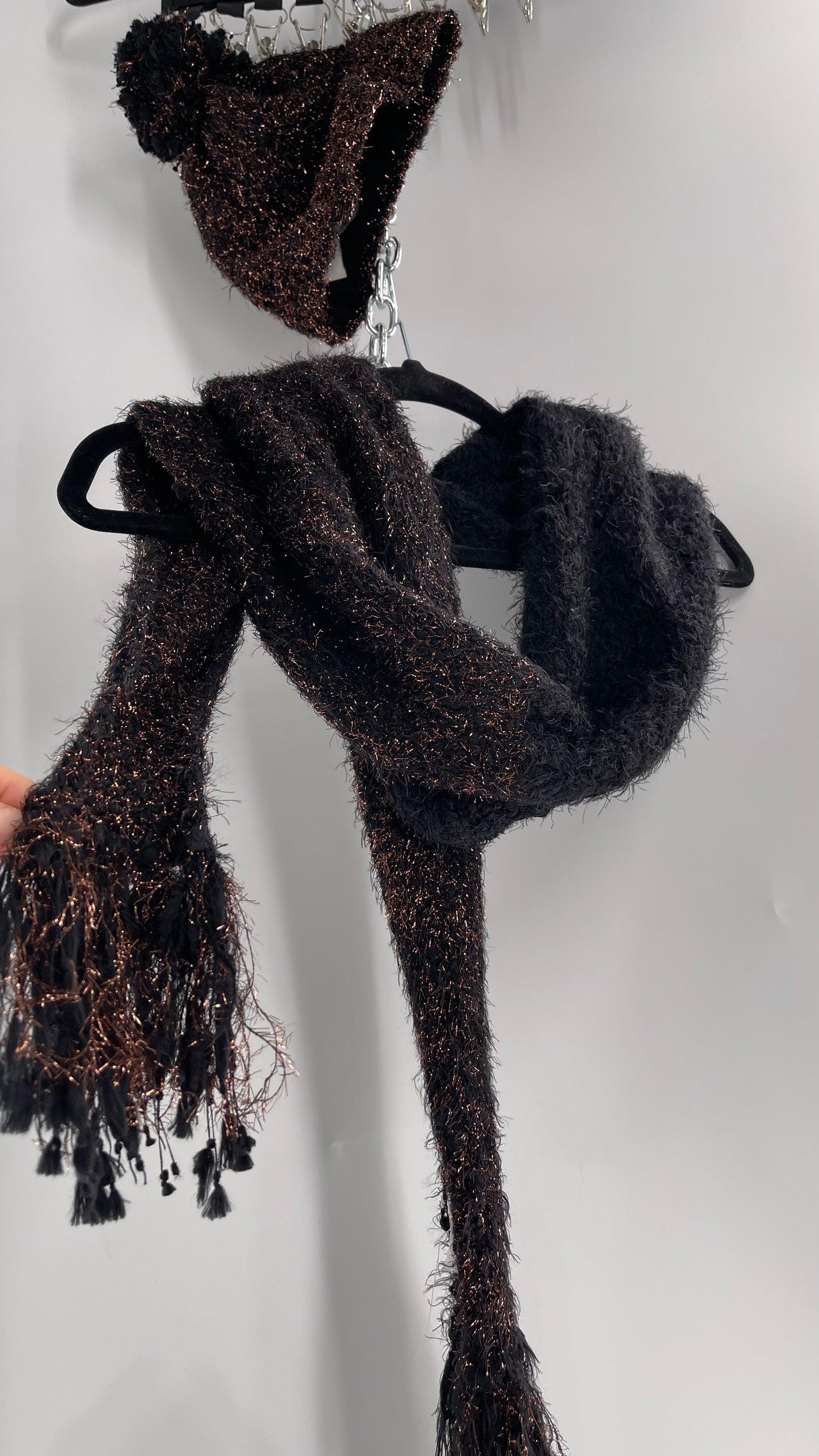 Anthropologie Bronze Tinsel Black Knit Beanie and Skinny Pom Scarf 2pc Set with Tags Attached