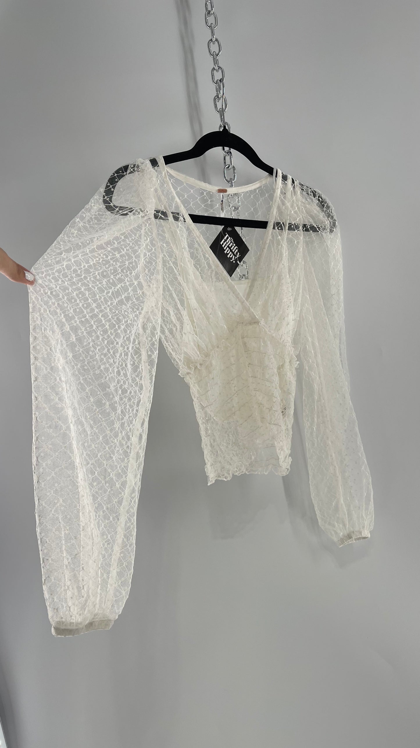 Free People White Embroidered Mesh Blouse with Keyhole Back and Balloon Sleeves (XS)