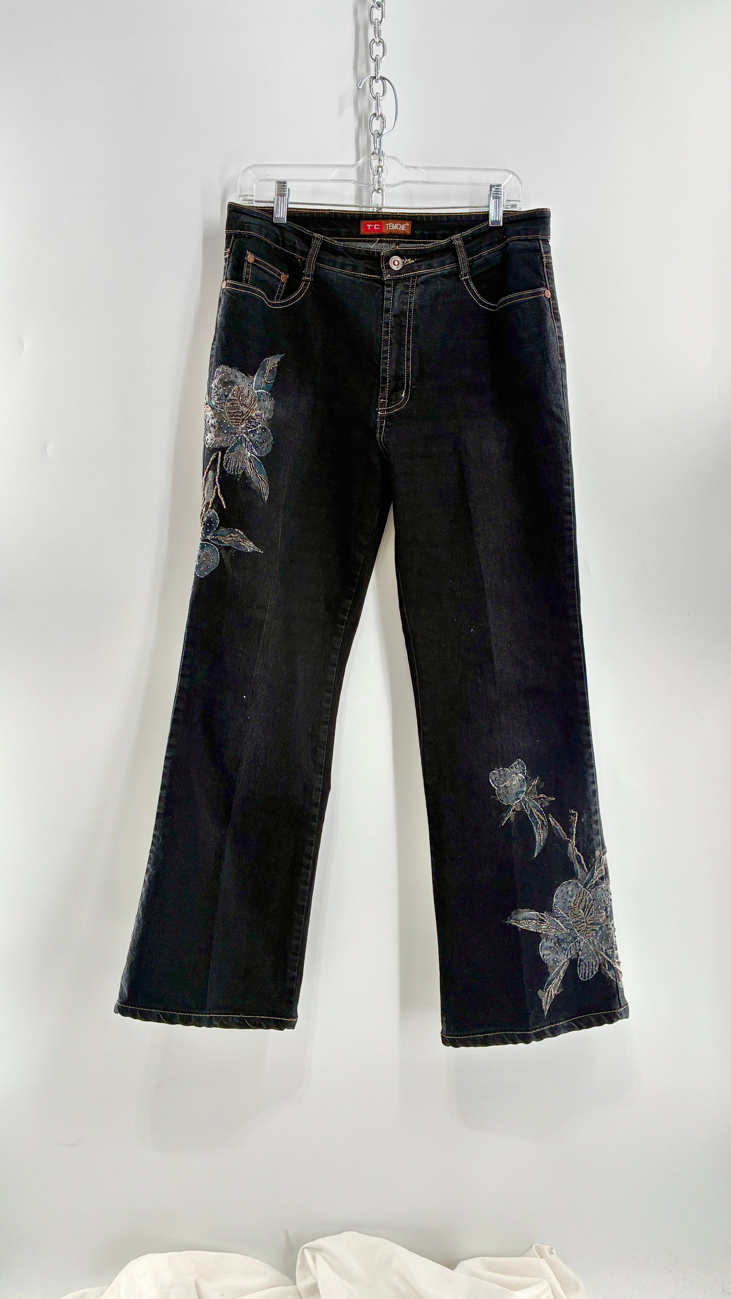 Vintage TEMCHE JEANS Dark Wash Jeans with Painted, Beaded Florals