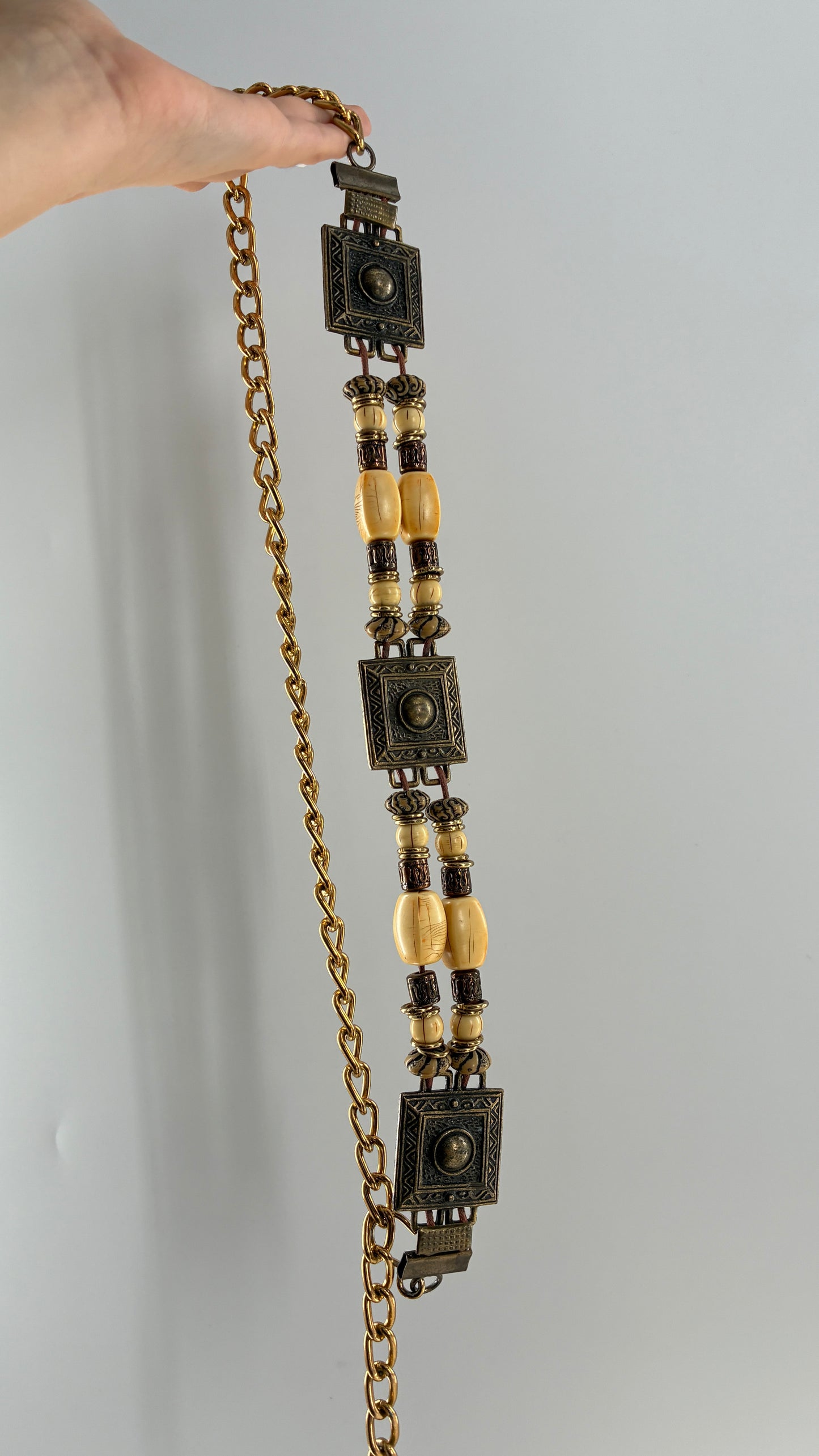 Vintage Beaded Chain Belt with Metal Square Medallions