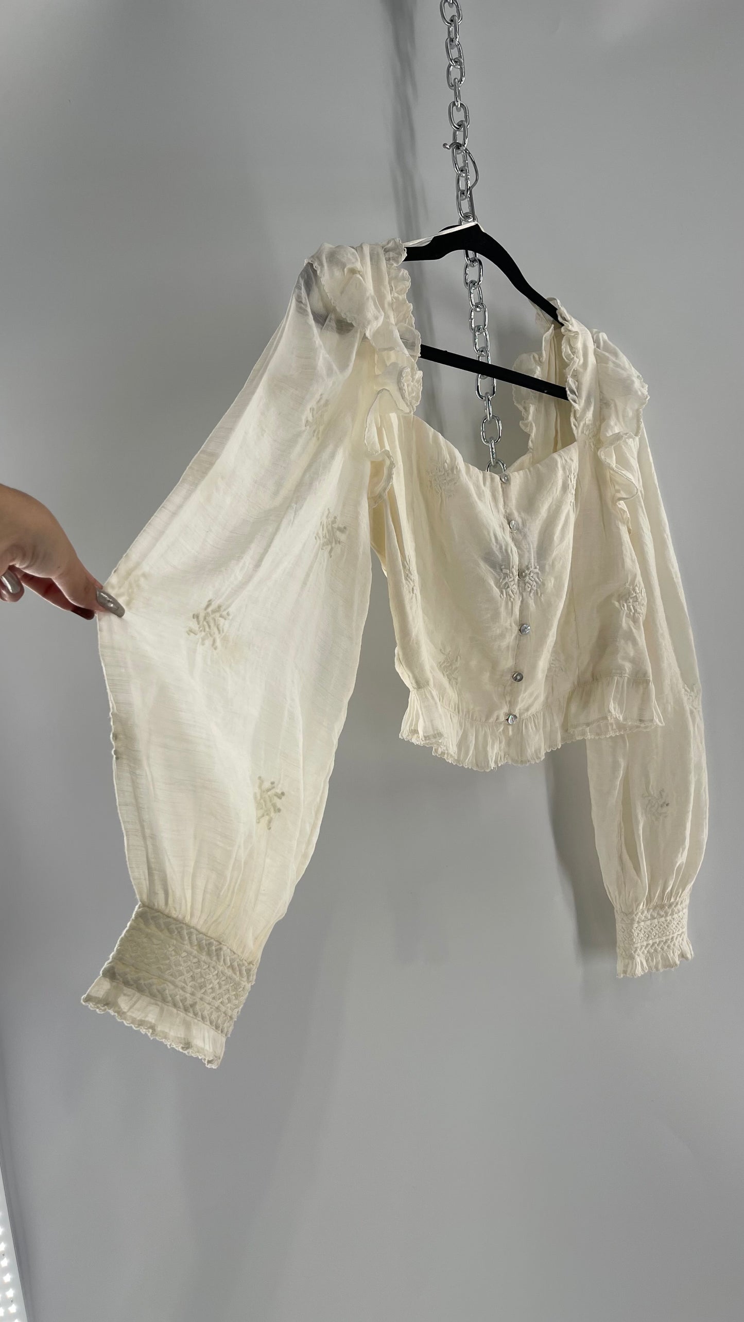Free People White Cotton Bubble Sleeve Blouse with Embroidered Details (Medium)