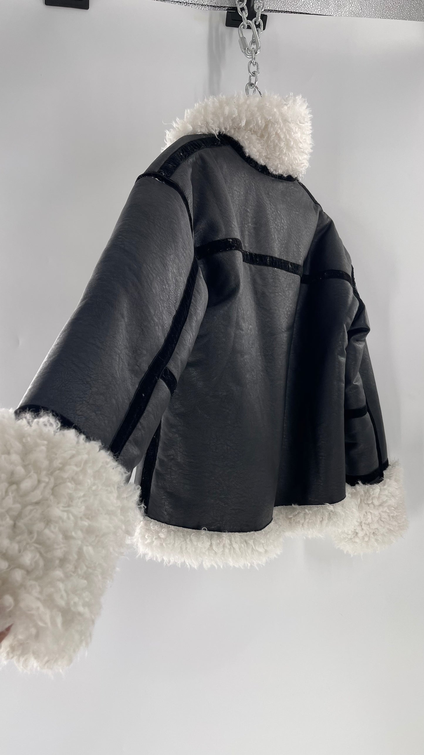 LIONESS Phoenix Jacket Black Faux Leather White Fur Trim (Large)