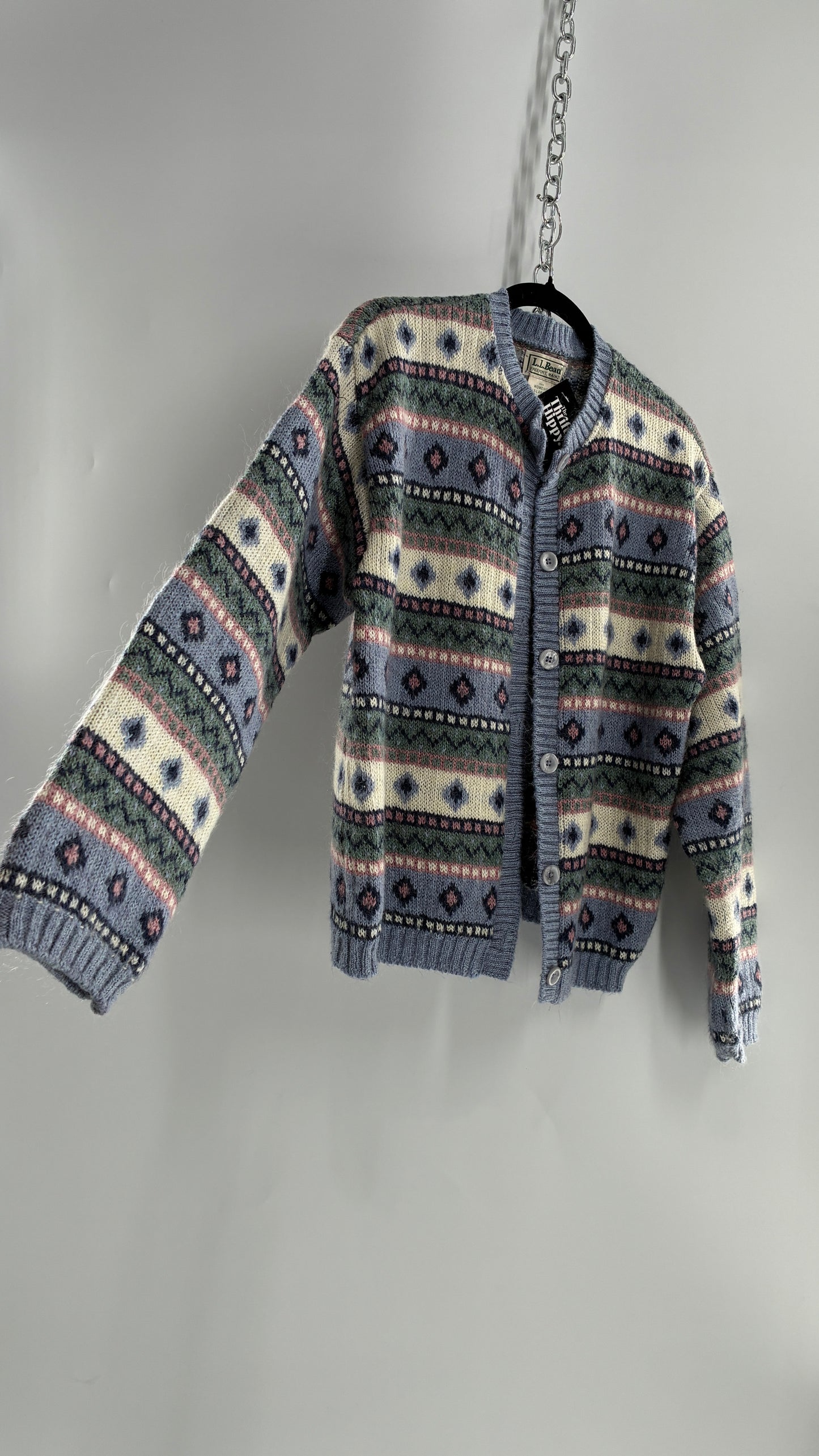 Vintage LL Bean 25% Mohair Striped Knit Blue Green Pink Cardigan (XL)