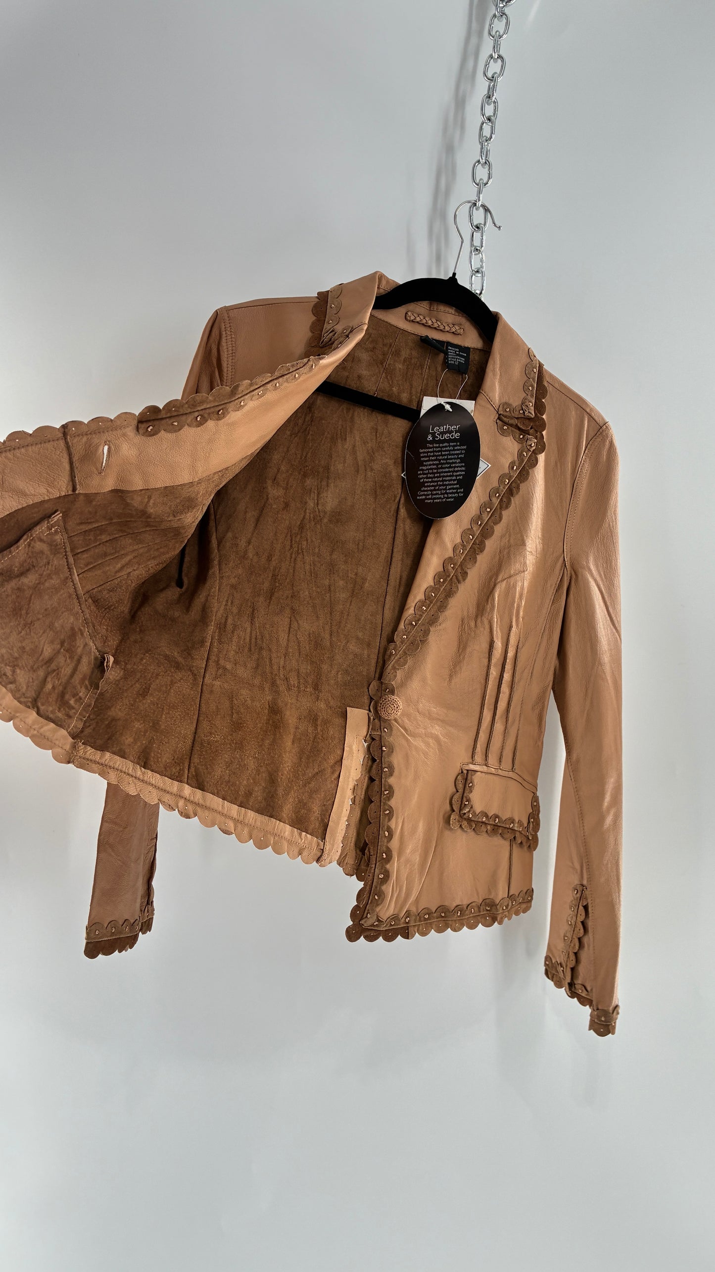 RARE Deadstock Vintage Cami Brown Thin Leather Jacket with Suede Scalloped Trim (12)