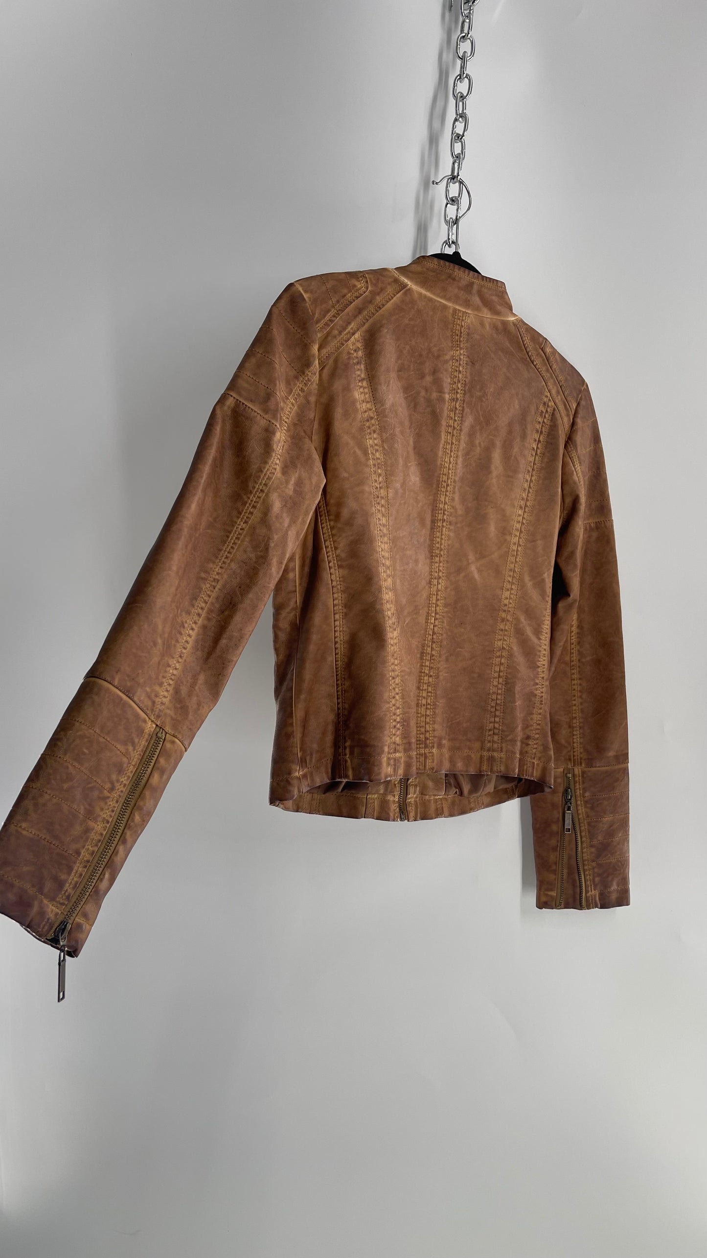 Vintage Brown Vegan Leather Distressed Motorcycle Jacket (Small)