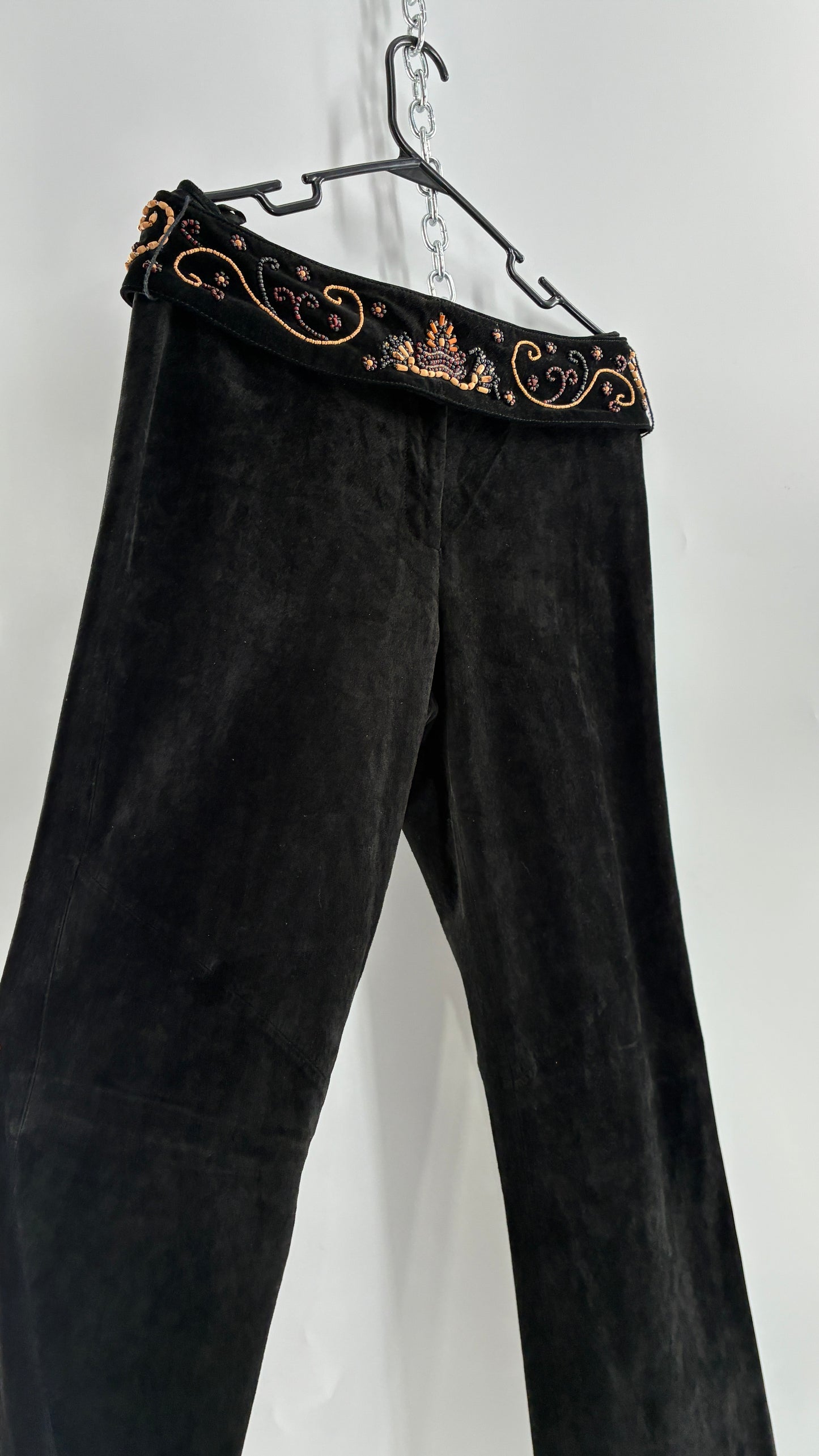 Vintage Margaret Godfrey Black Genuine Suede Leather Kick Flares with Wide Beaded Belt (10)