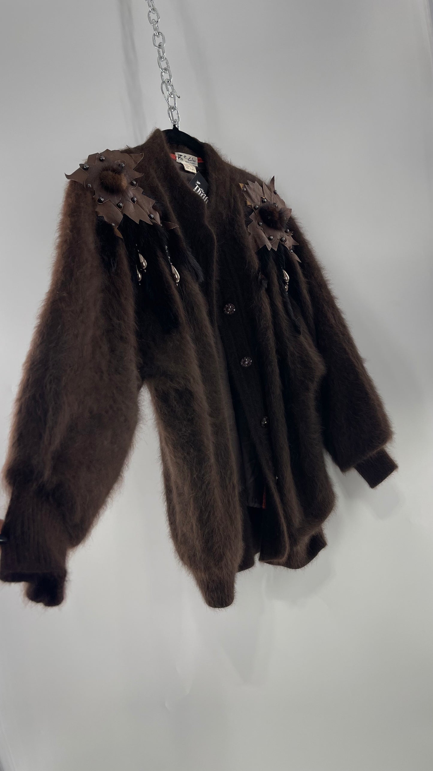 Liho Korean Vintage Brown Cardigan with Leather, Fur and Beaded Detailing 15% Wool 75% Angora  (C)(Medium)