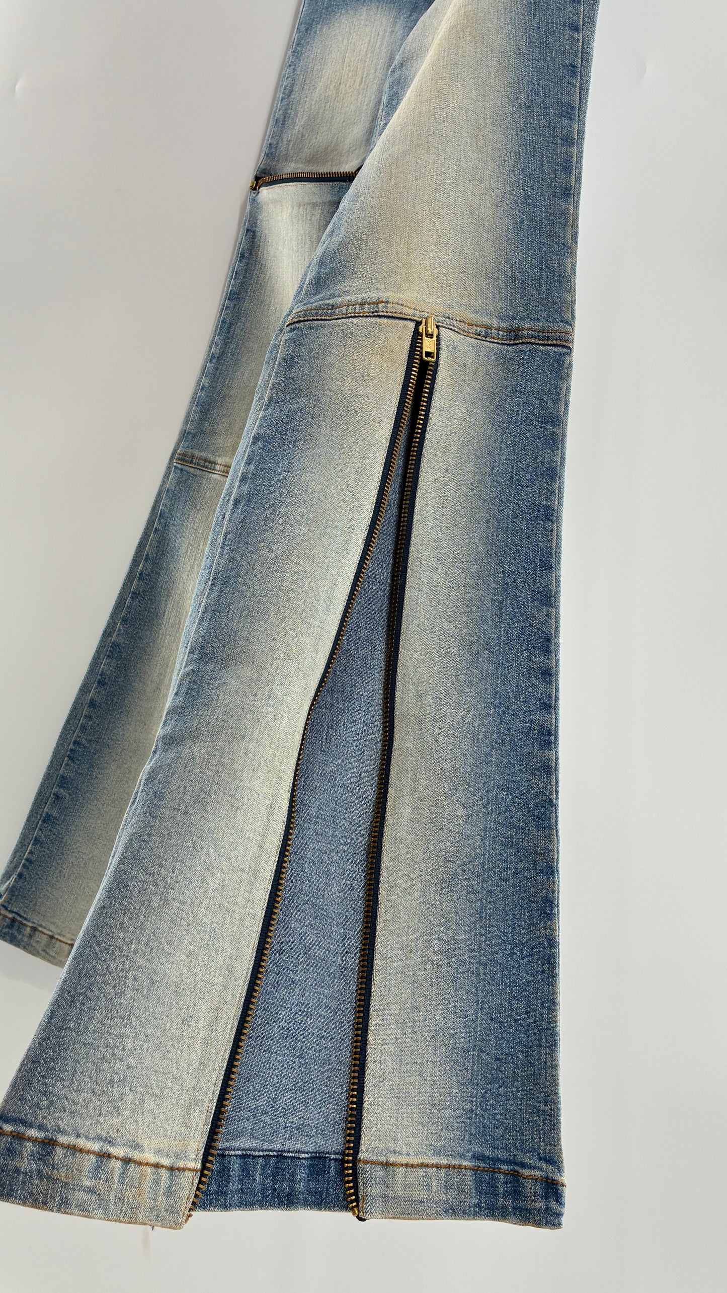 Vintage XCESO JEANS Rare Faded Double Waistband Kickflare Jeans with Functional Zipper Details (Medium*)