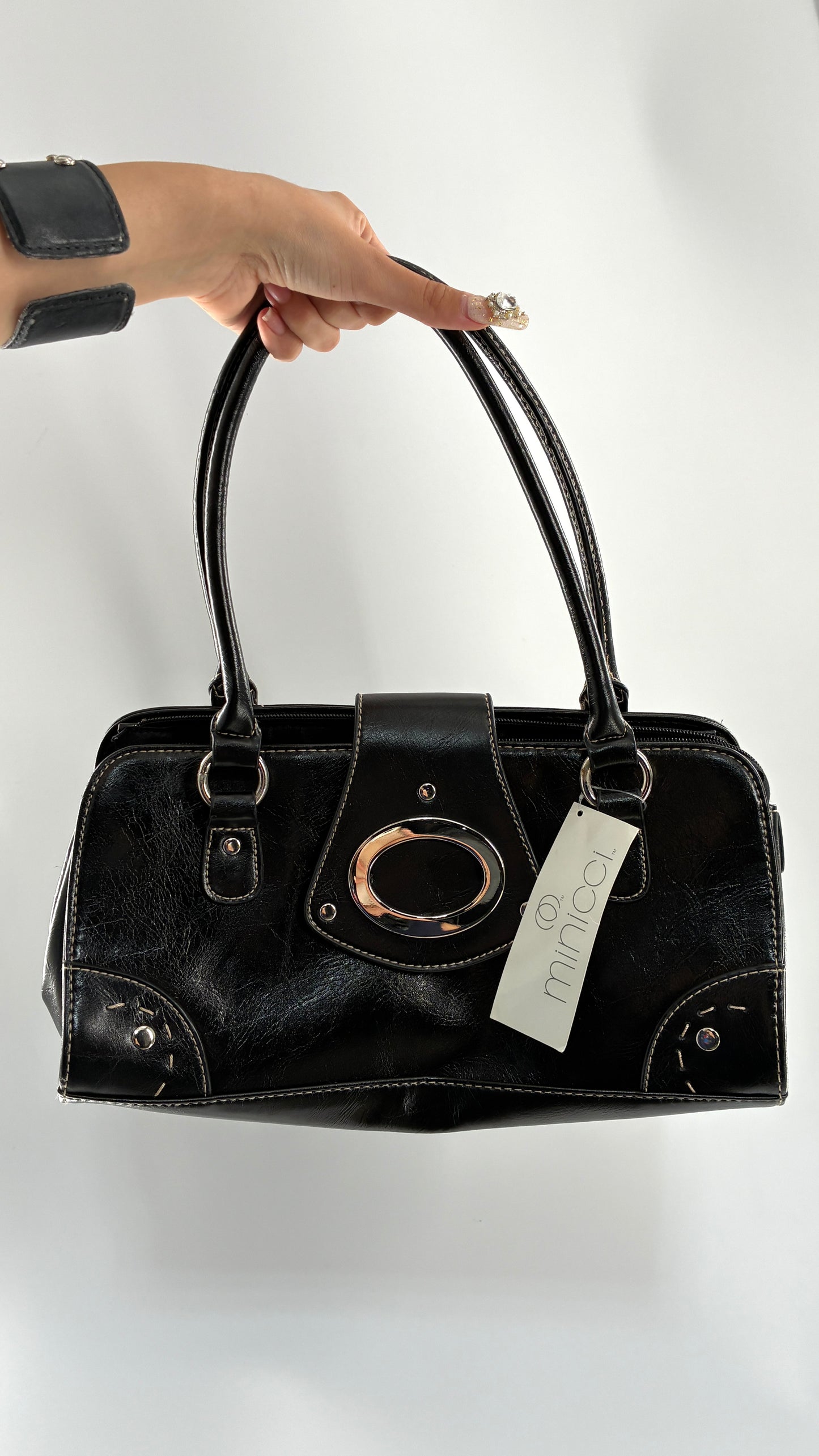 Deadstock Vintage MINICCI Black Shoulder Bag With Silver Hardware, Exaggerated Stitching