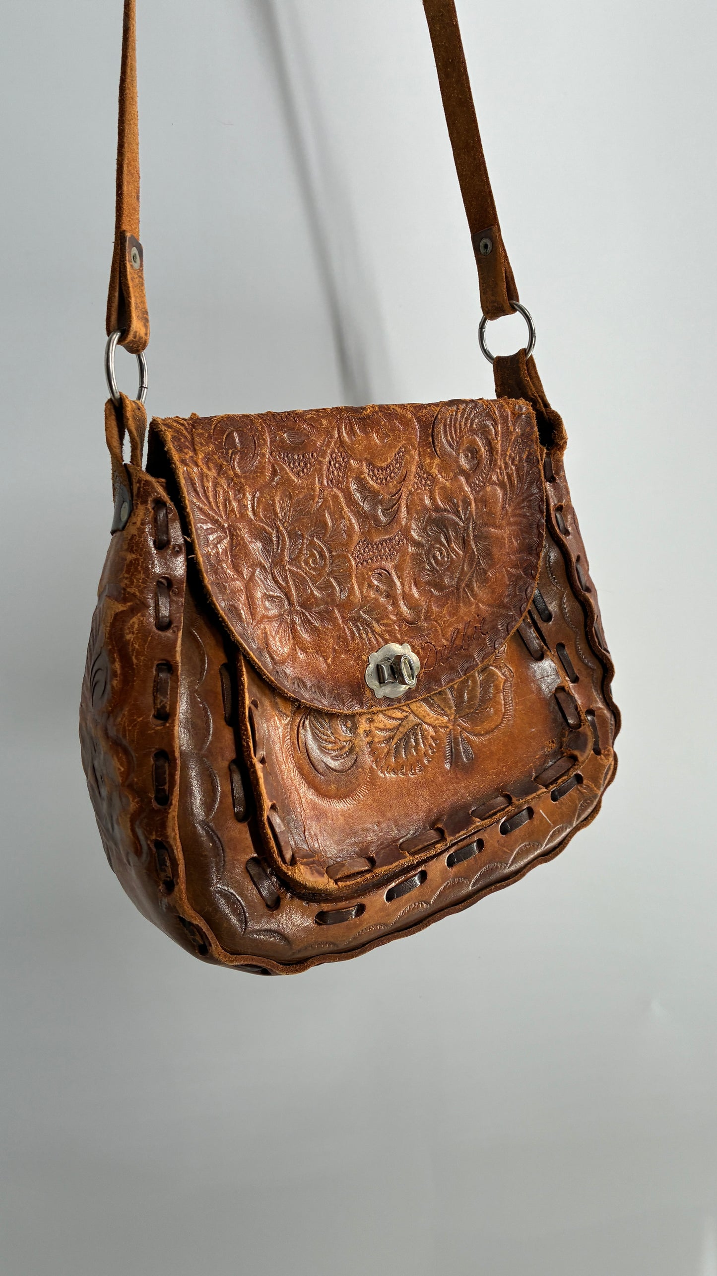 Vintage Made in Mexico Rose Embossed Leather Satchel Bag with Debbie Signature