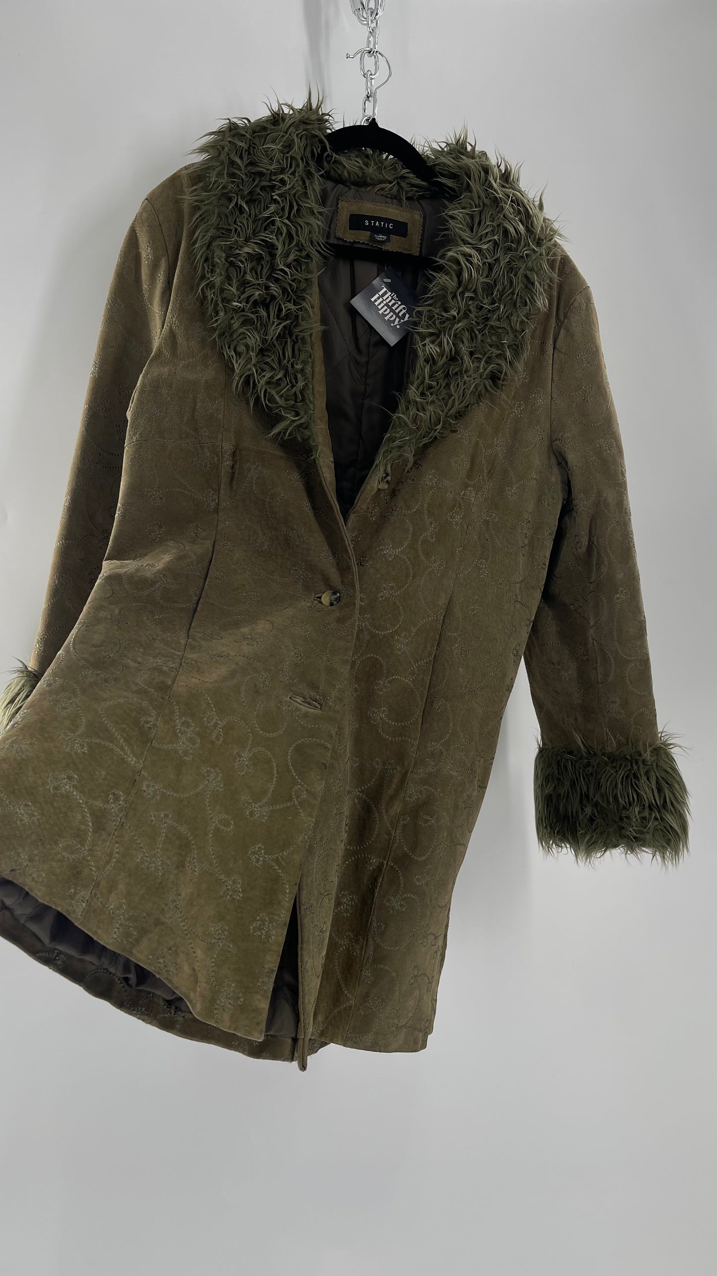 Vintage STATIC Embroidered Genuine Leather Coat with Fur Cuffs and Collar (C) (XL)