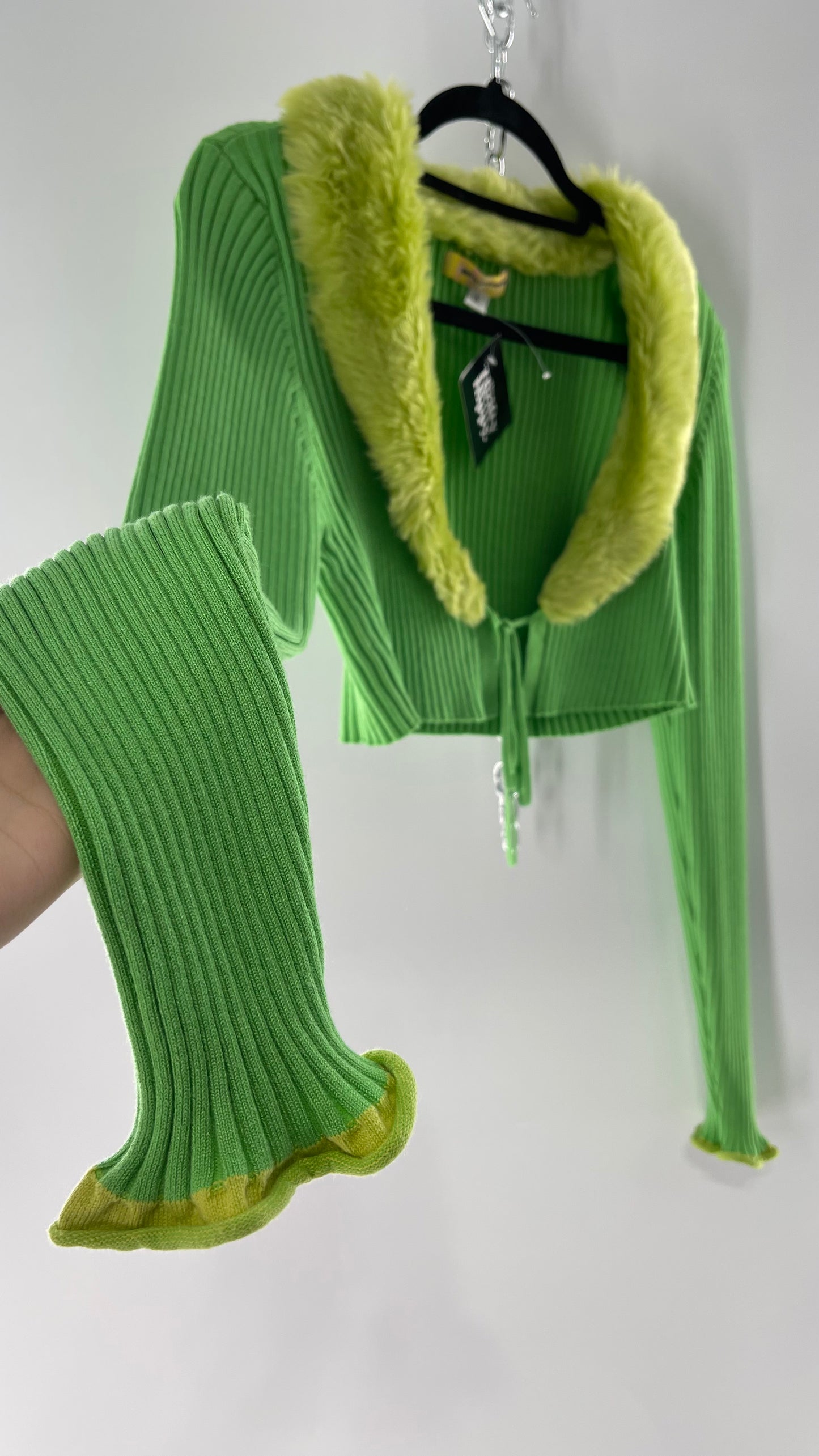 Urban Outfitters Lime Green Ribbed Ribbed Faux Fur Collar Shrug (Large)