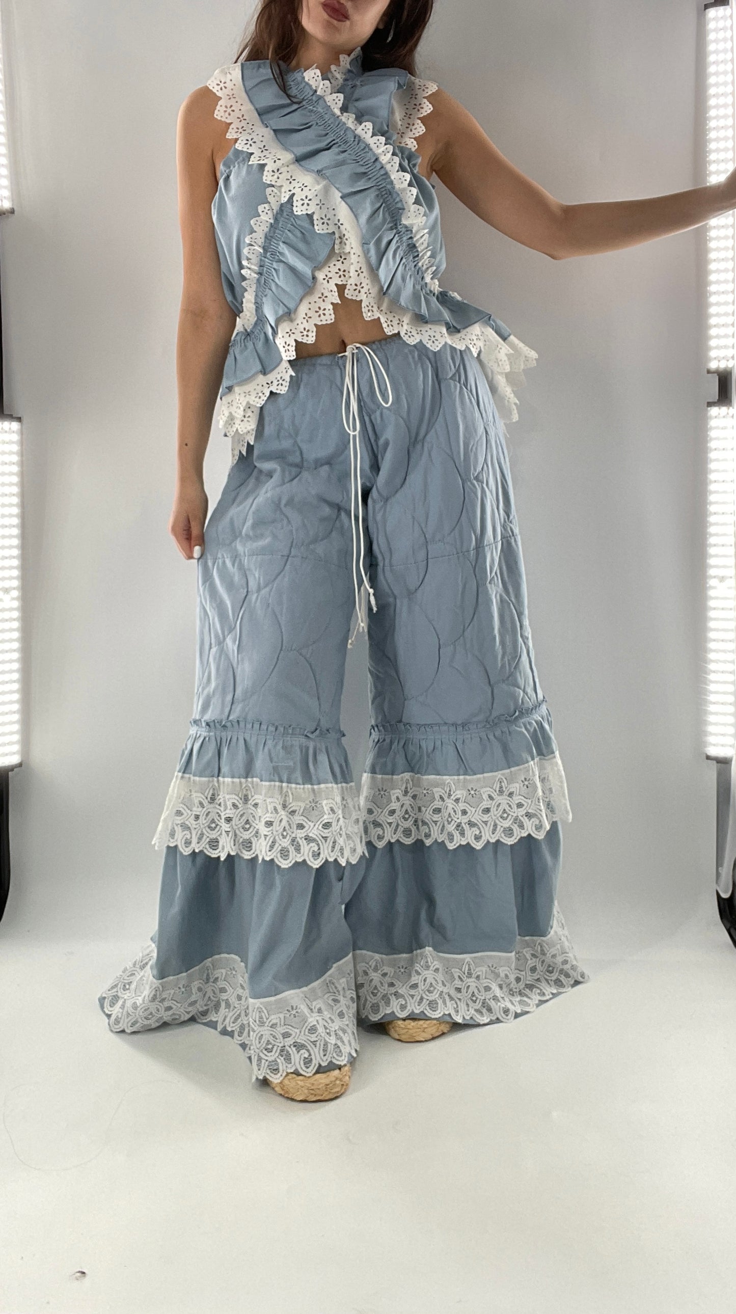 Vintage 2 Piece Powder Blue Set Featuring 2Way Blouse and Quilted Trousers Covered in Ruffles, Lace and Trim (One Size)