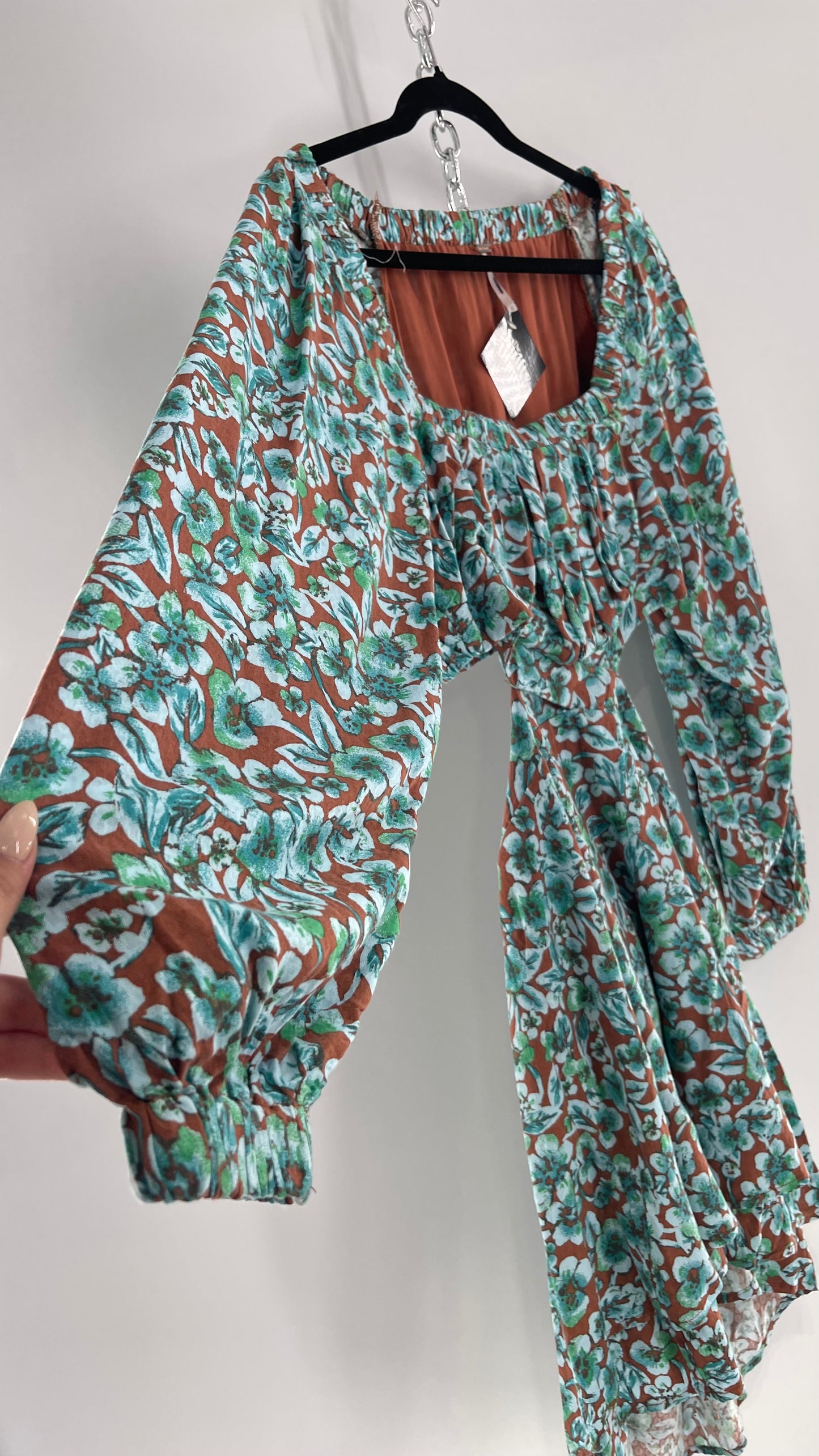 Free People Brown Cut Out Milkmaid Mini with Blue Florals (Medium)