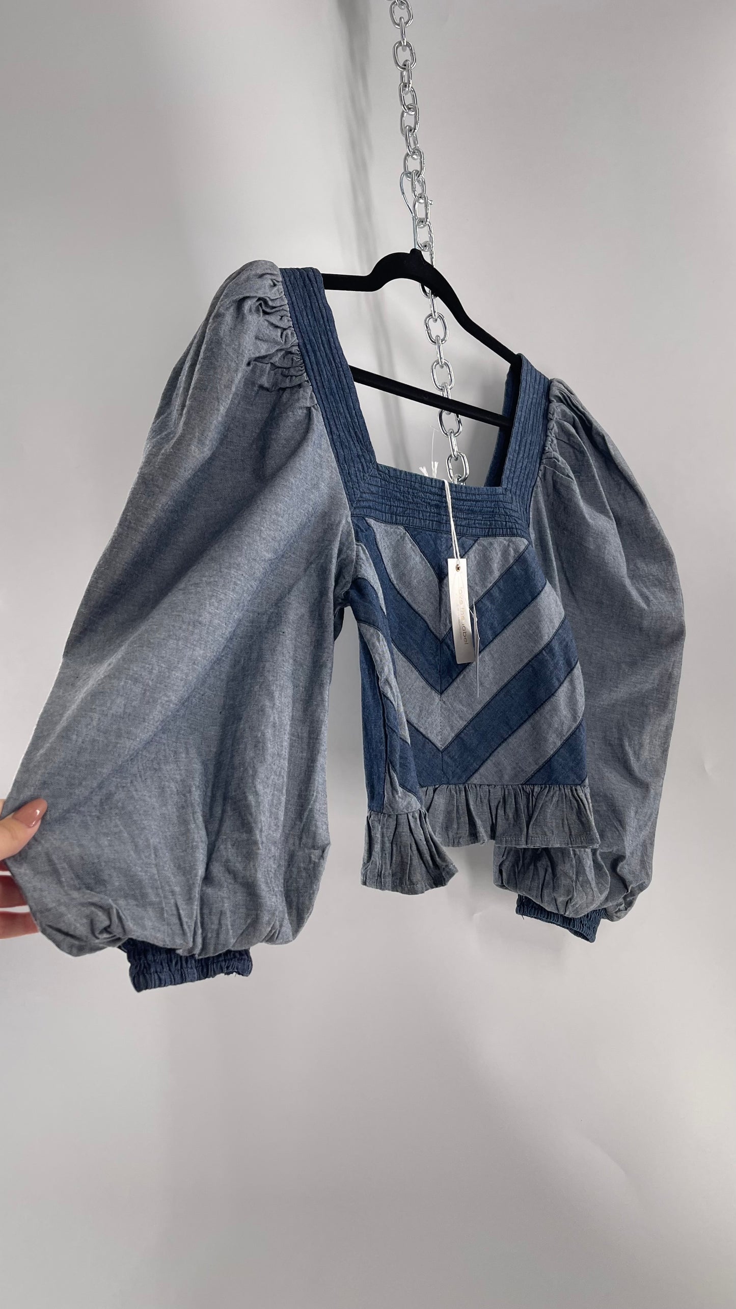 Love the Label ANTHROPOLOGIE Chambray, Chevron, Denim Smocked Blouse with Dramatic Sleeves and Tags Attached (Small)
