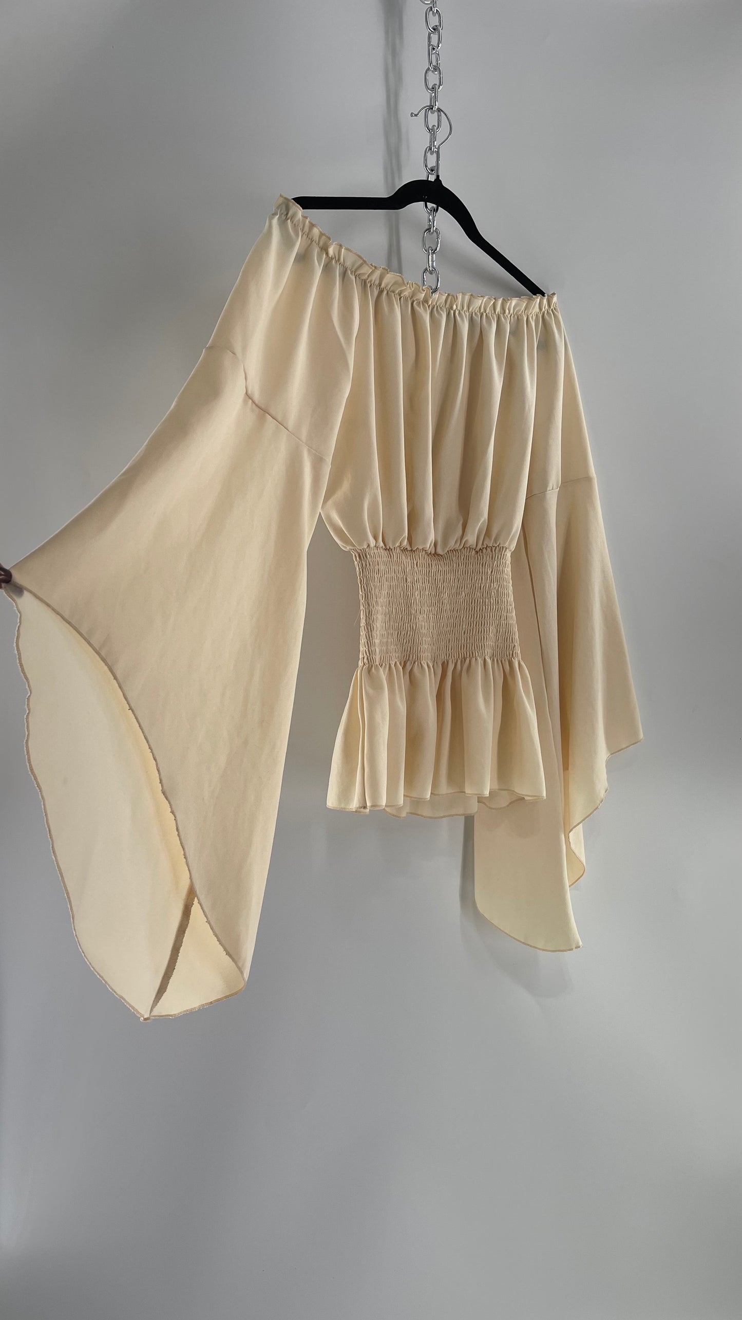 Vintage Off White Smocked Waist Bell Sleeve Wanderlust Blouse(S/M)
