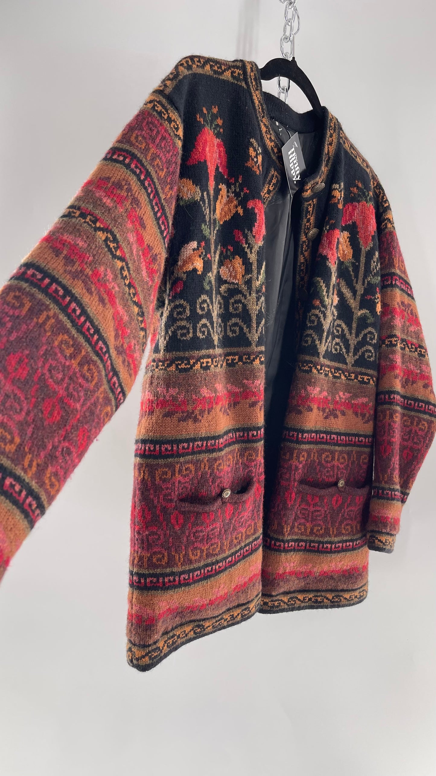 Vintage Iceland Design Wool Jacket with Brass Embossed Buttons and Folk Floral Patterning(C)(Medium)