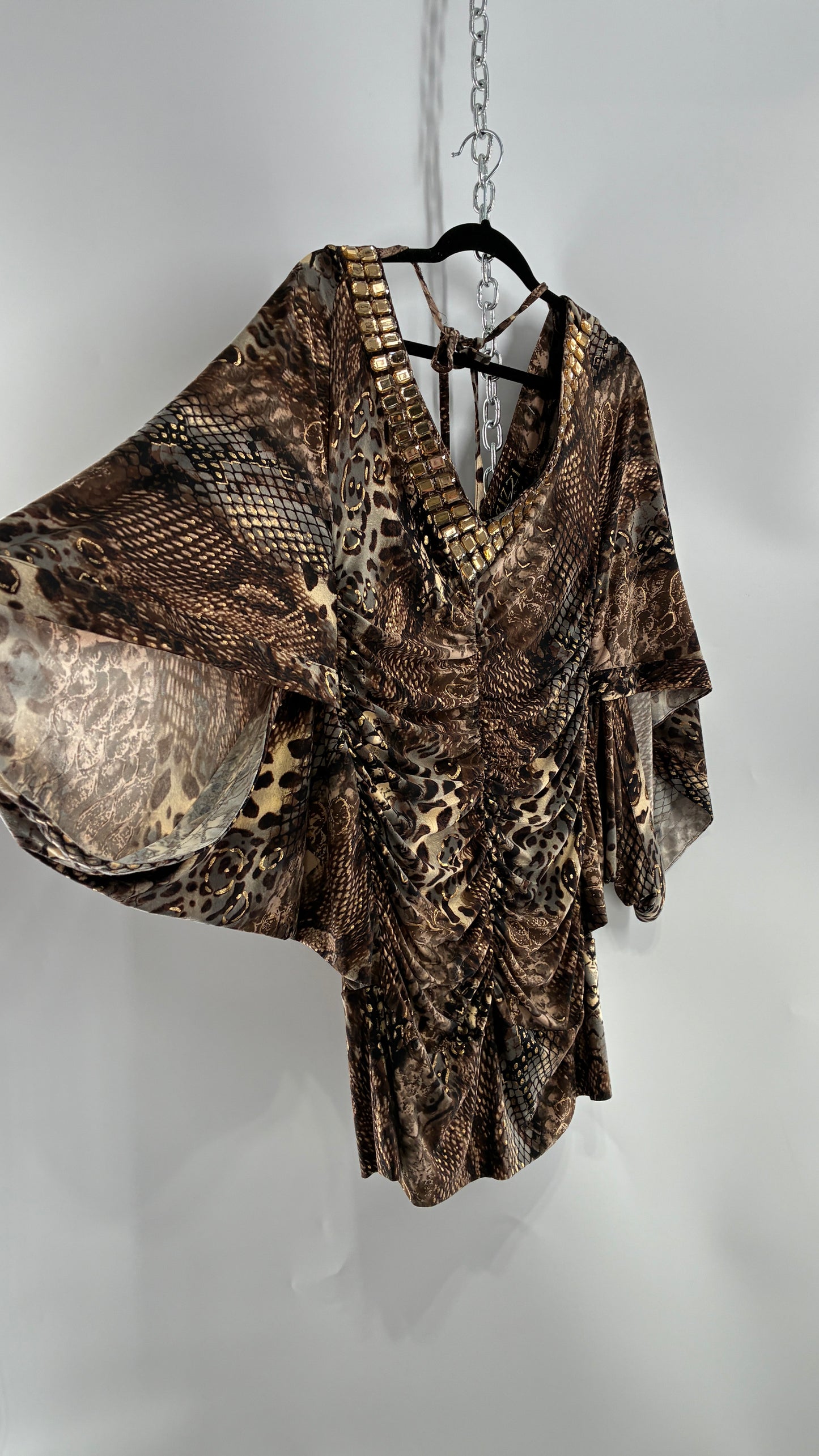 Vintage ZIZZI Metallic Animal Print Mini Dress with Draping Sleeves and Rhinestone Neckline (Large)