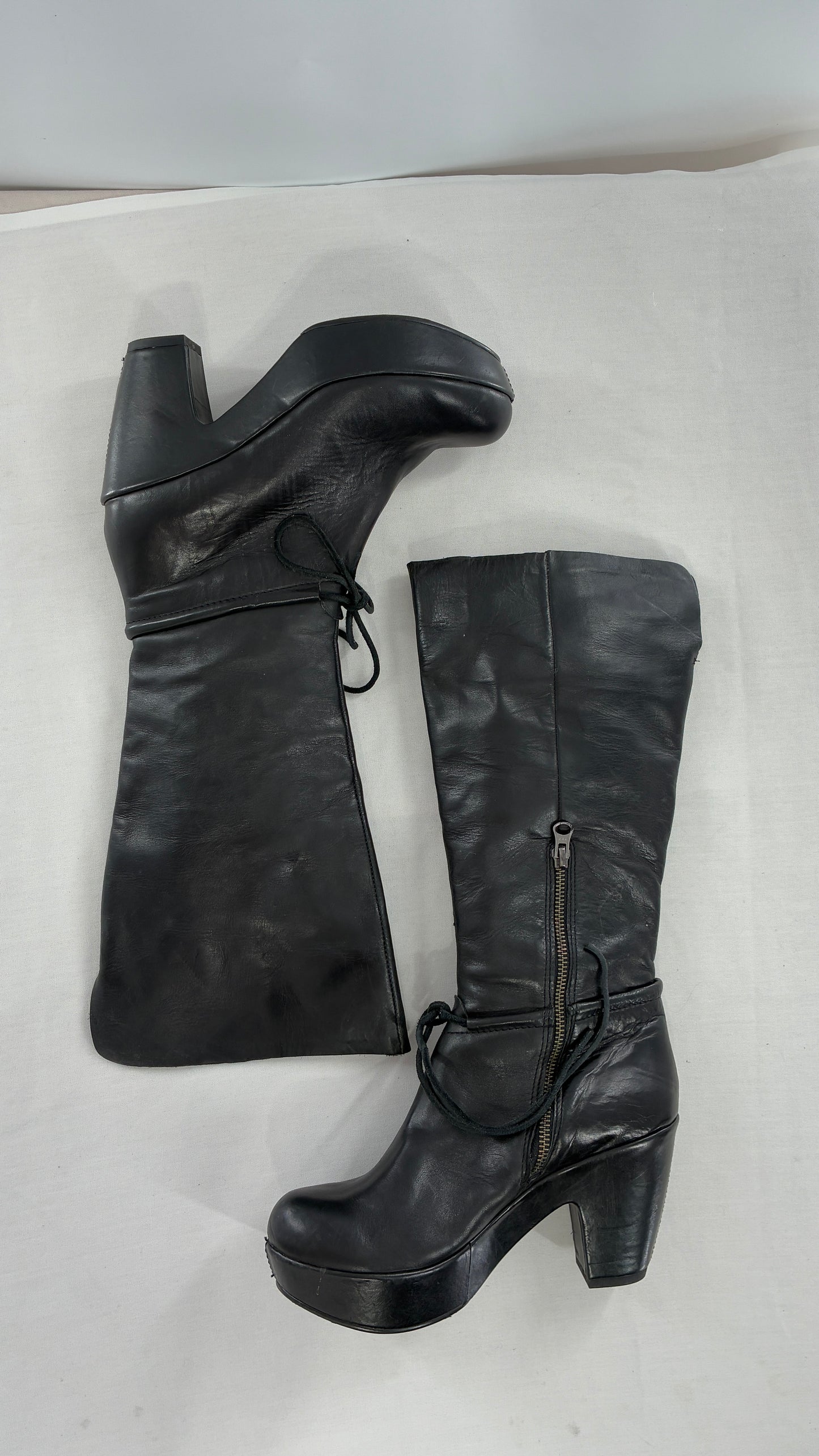 Vintage KORK EASE Black Genuine Leather Platform Clog, Knee High Boots (8/39)