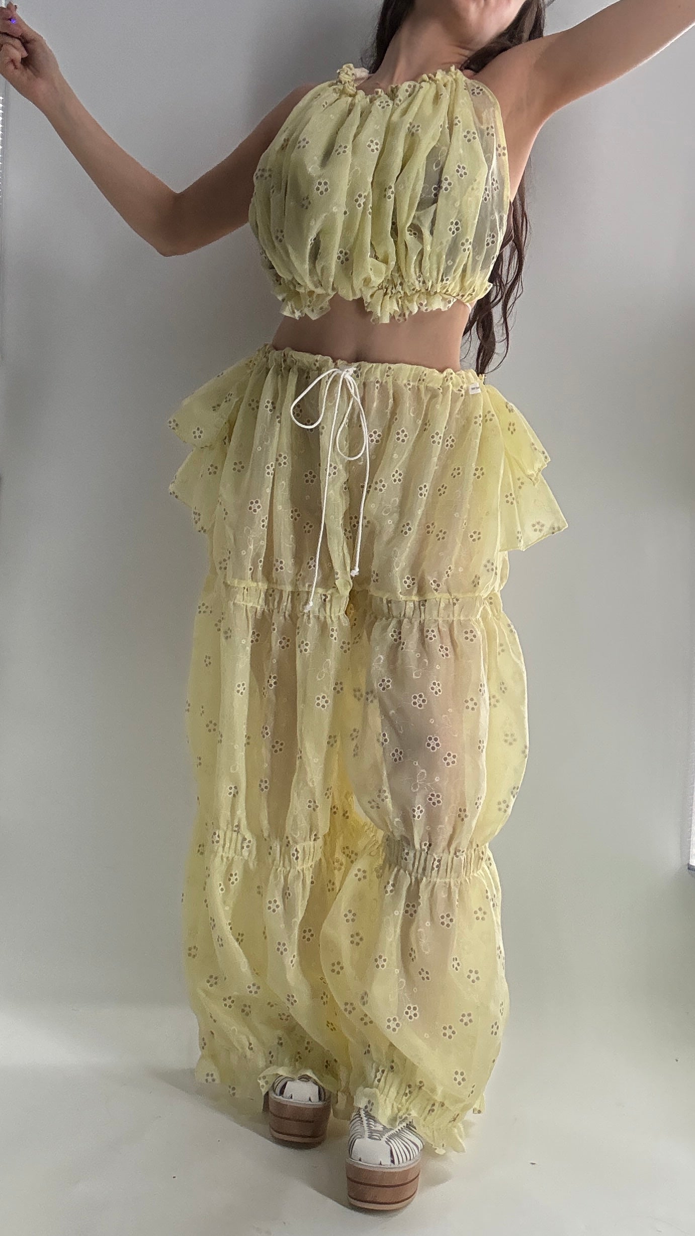 Vintage Handmade 2pc Baby Yellow Set with Tiered Pants, Ruffled Bum, and Floral Eyelet Pattern (XS-M)