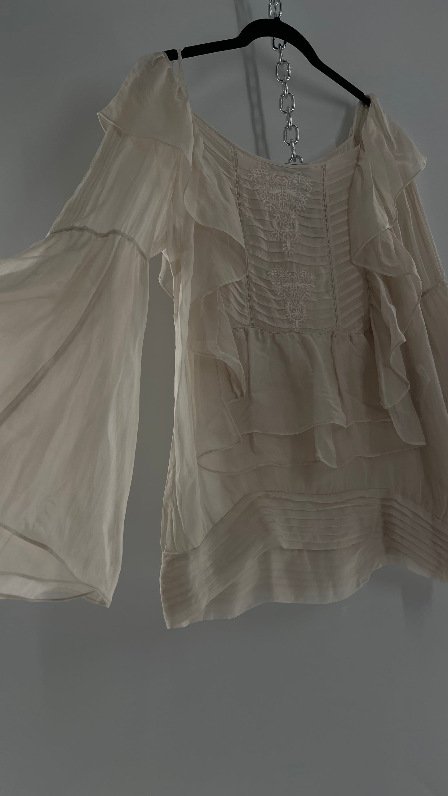 ZARA Ruffled and Embroidered Bell Sleeve Blouse (Large)