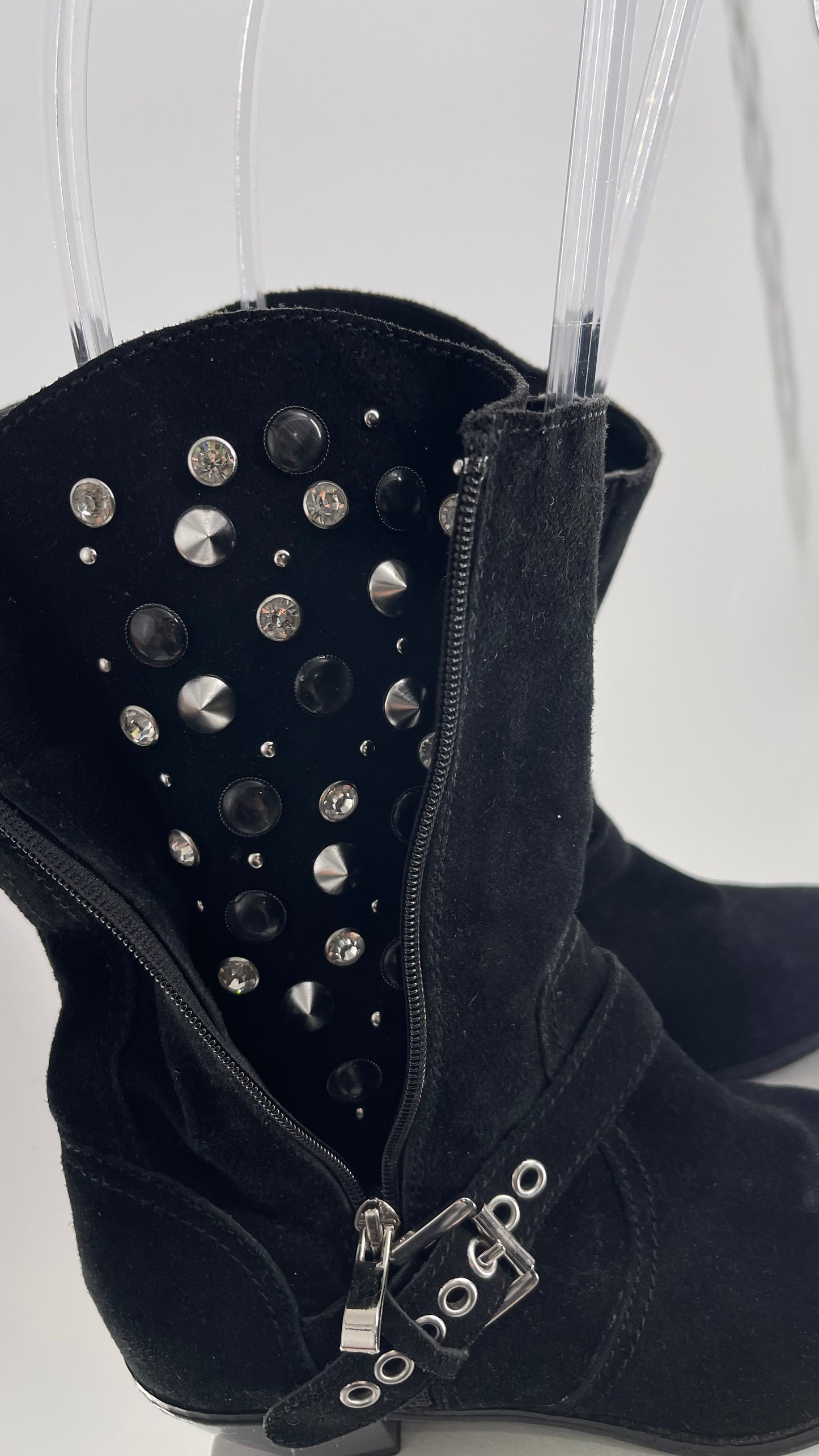Vintage Black Suede Cowboy Boots with Buckle and Zip Up, Rhinestone Studded Details (8.5)