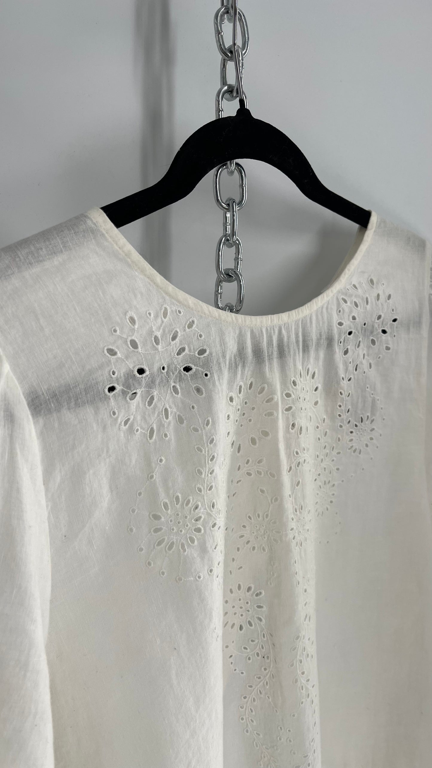 Free People Off White Cotton Open Back Eyelet Lace Short Sleeve (Medium)