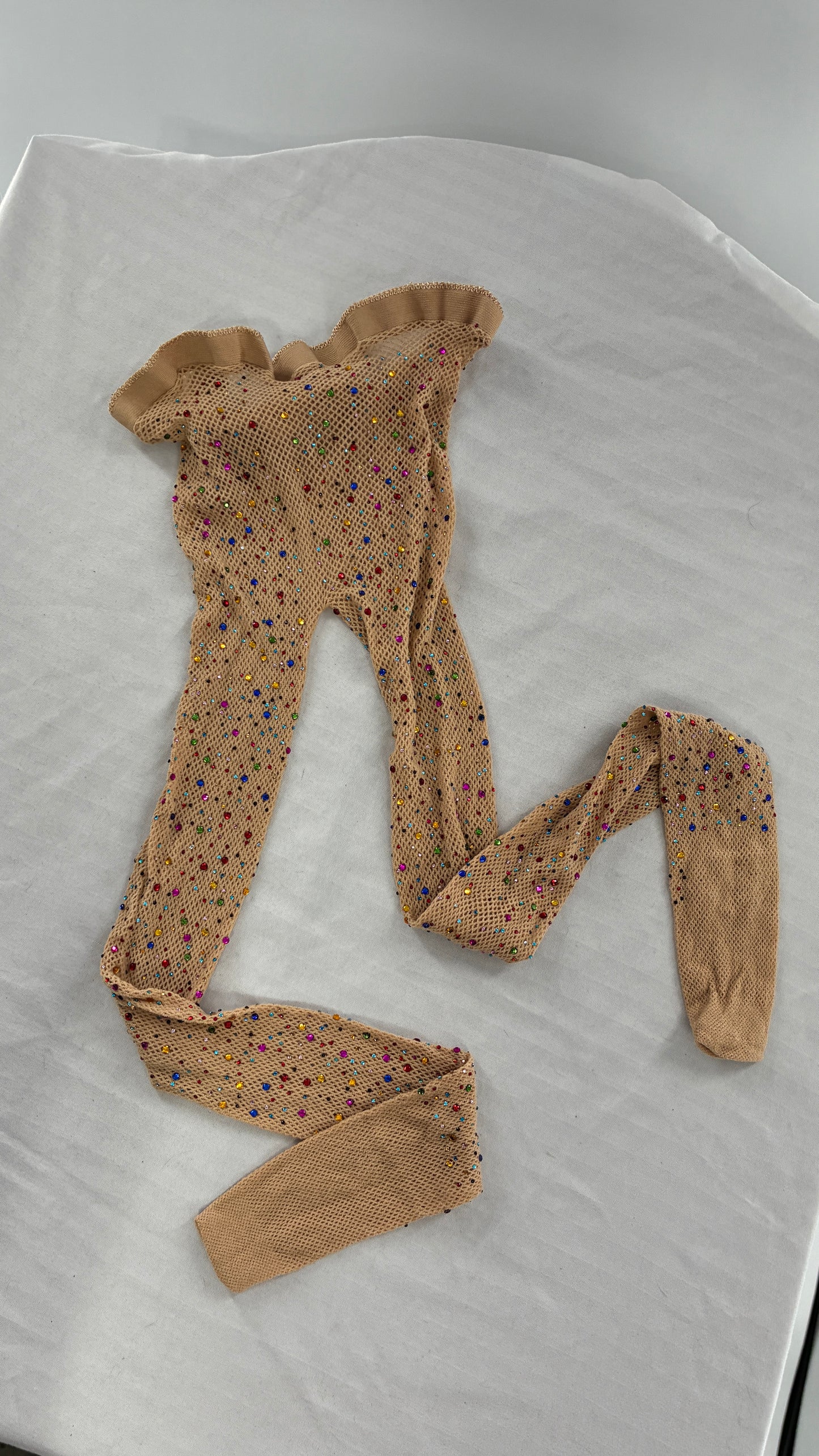 Beige Mesh Tights with All-Over Multicolored Rhinestones