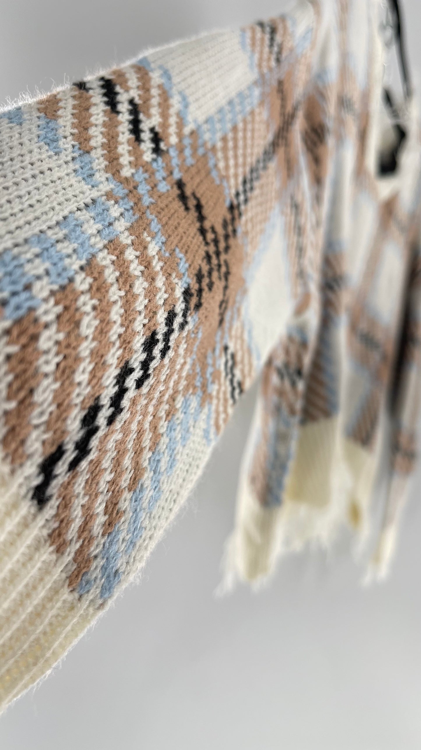 Fashion Nova Plaid Powder Blue/Tan Distressed Sweater