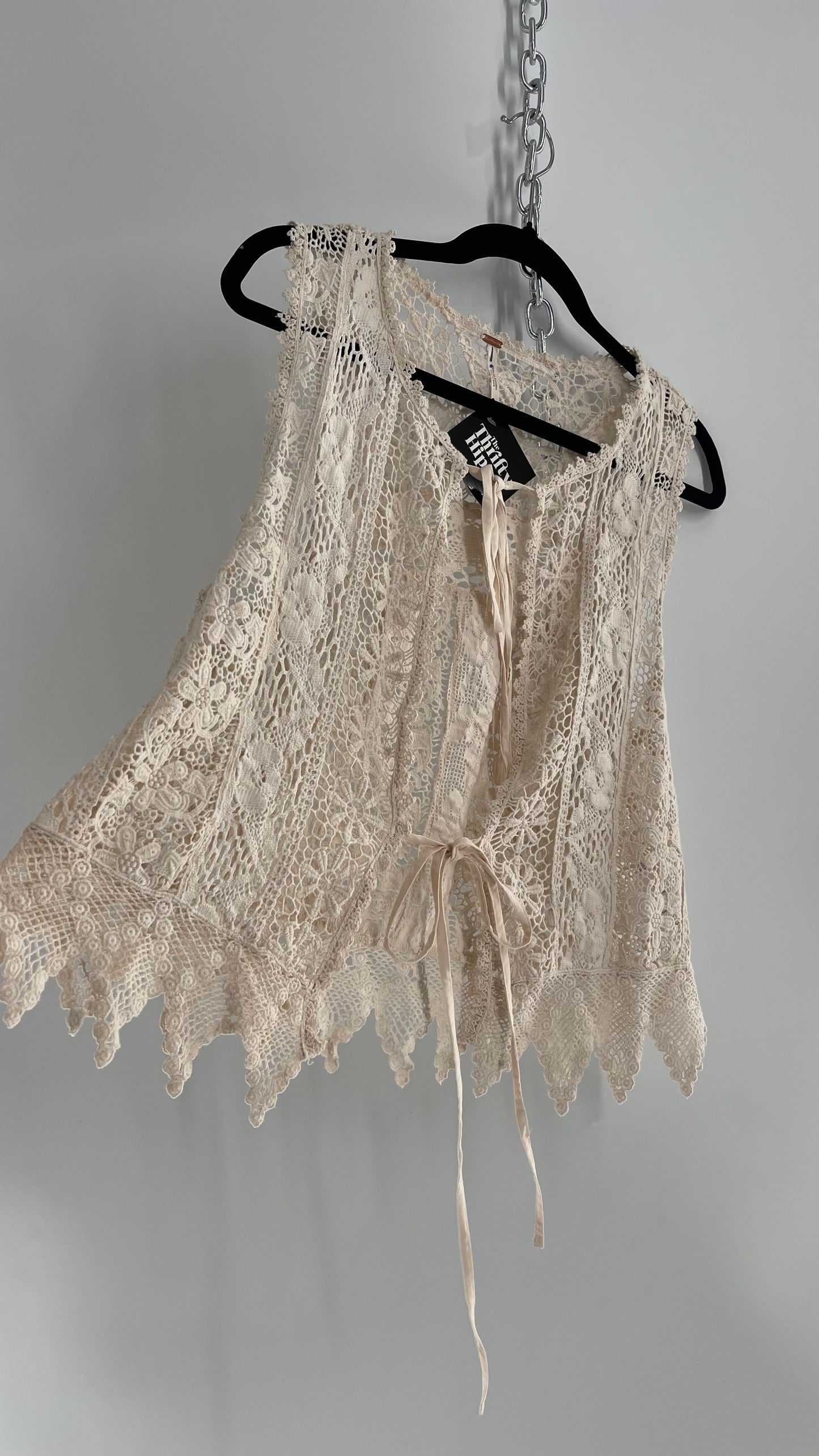 Free People Leah Off White Lace Crochet Vest/ Tie Bust Sleeveless Top (Medium)