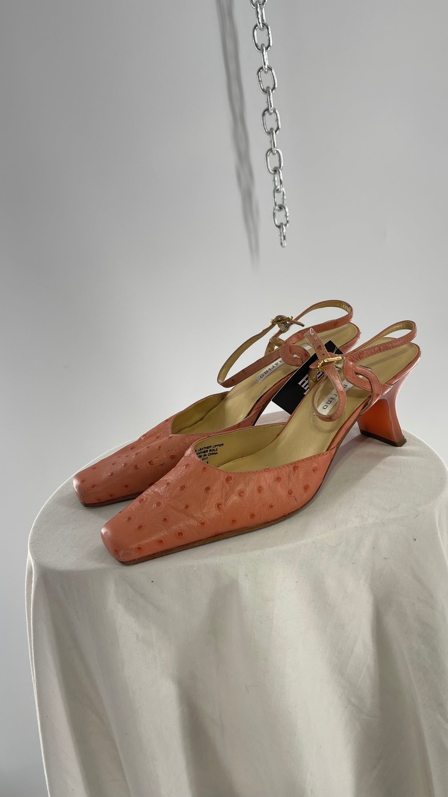 Vintage 1990s Ann Marino Pink Peach Genuine Leather Sling Back Pointed Square Toe Kitten Heel (8)