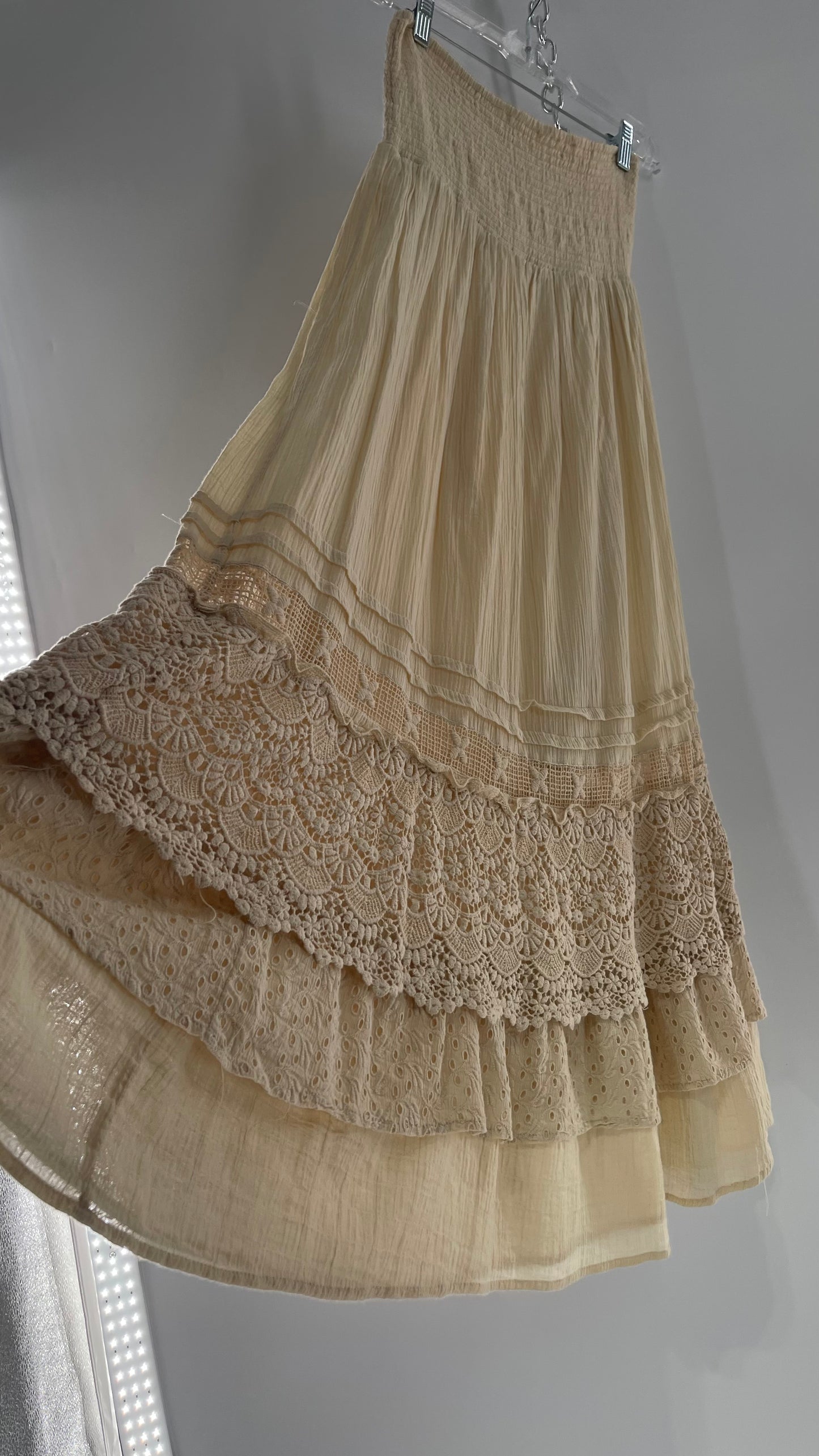 Free People Beige Gauze/Cotton Full Length Skirt Lined with Lace (XS)