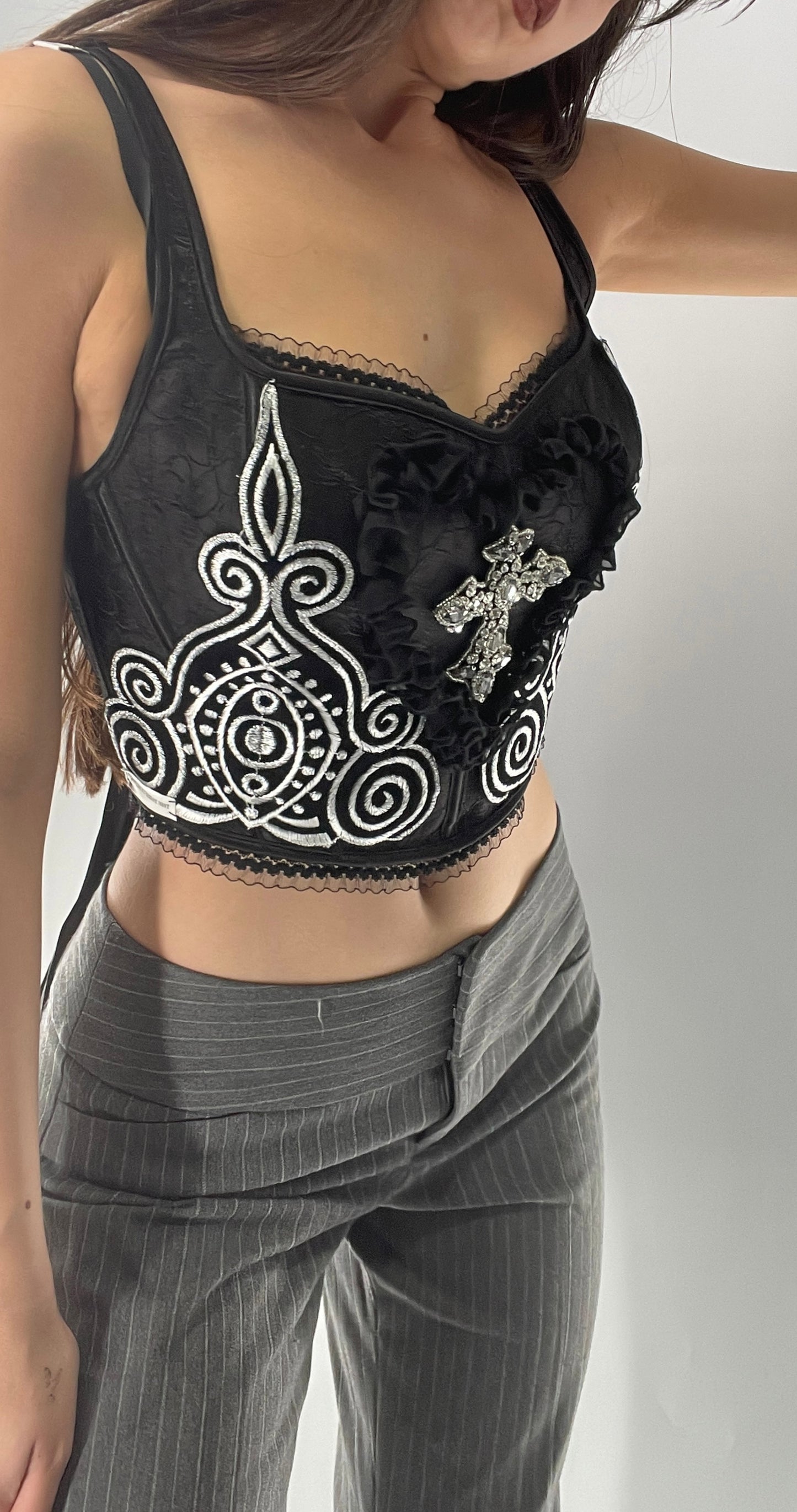 Custom Corset Handmade with Appliqués, Embroidery, Gemstones, Lace and Ruffles (S/M)
