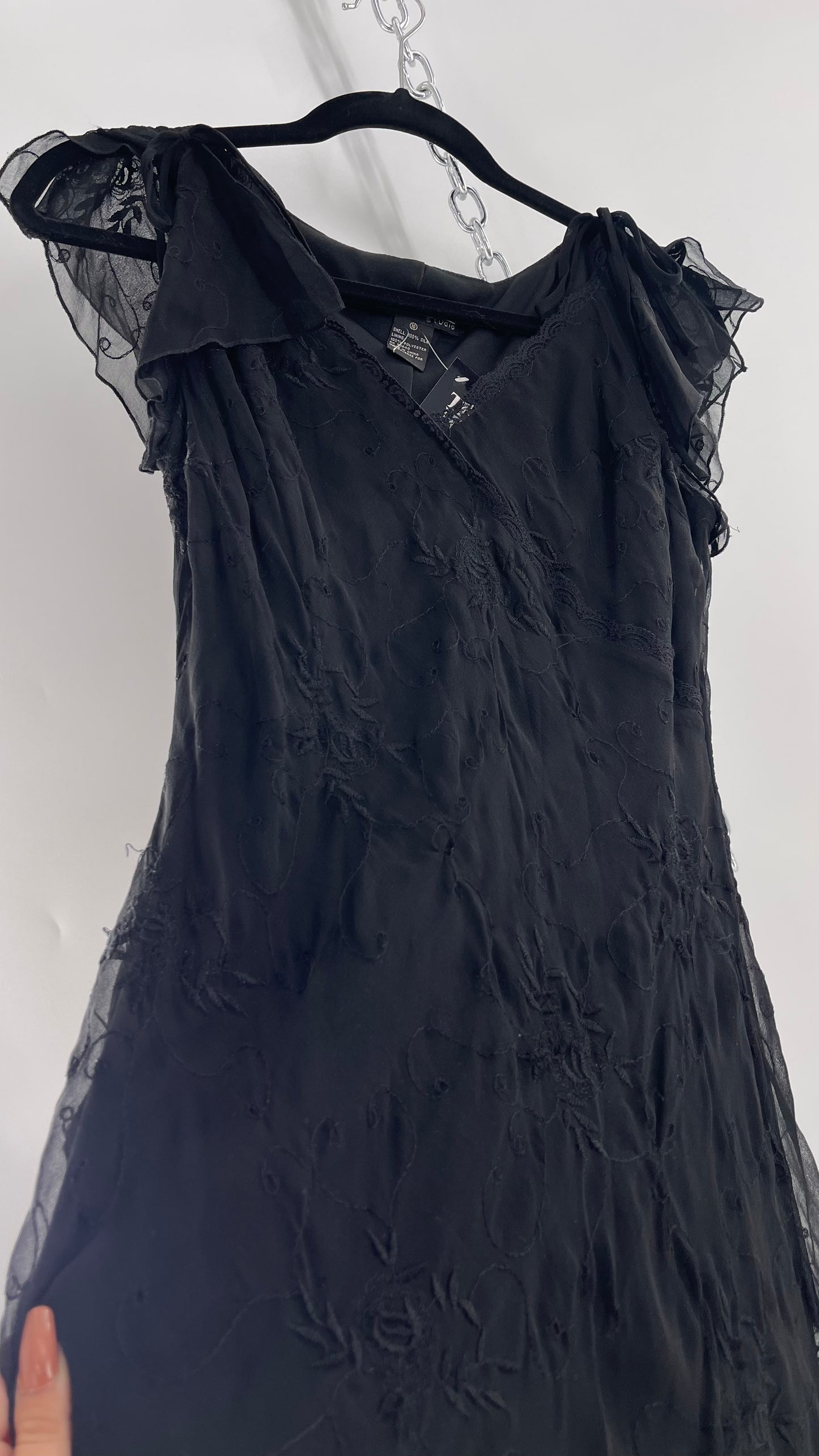 Vintage Jonathan Martin 100% Silk Black Embroidered MIDI Dress with Tie Shoulder Detail (10)