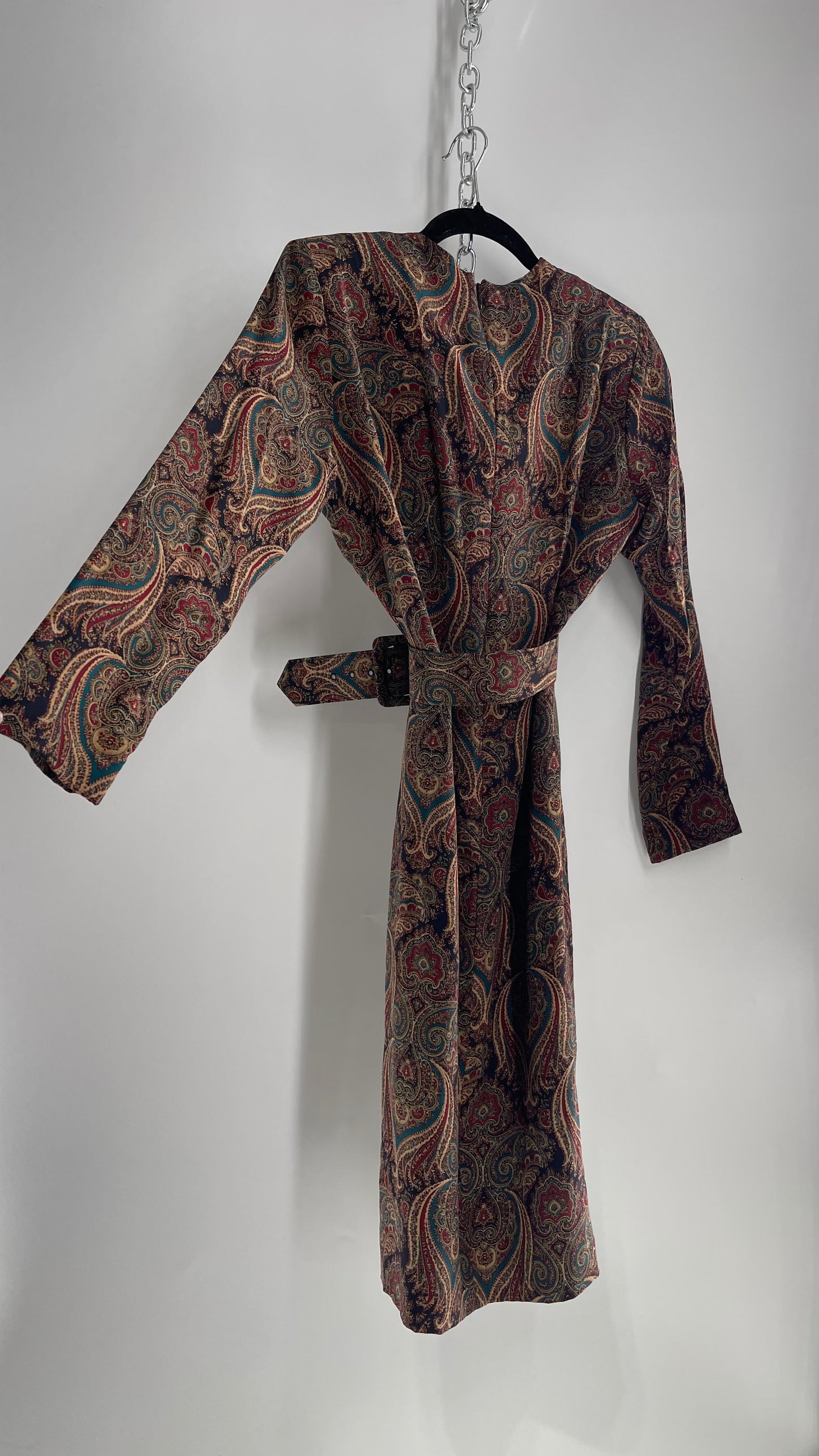 Vintage 100% Silk Paisley Belted Dress with Cowl Neckline (8)